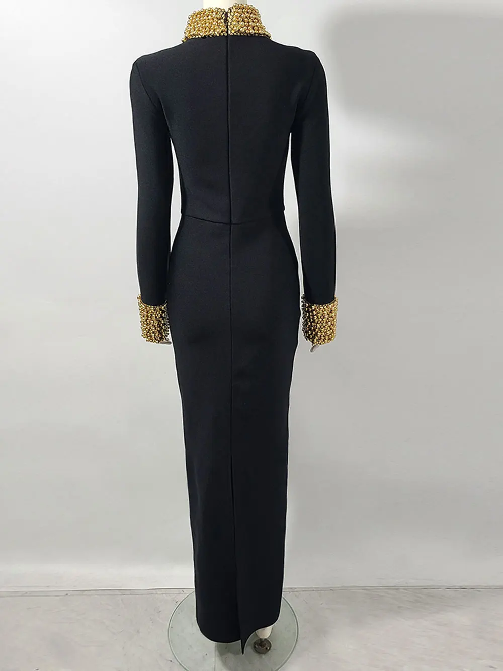 Elegant Women Light Luxury Nail Bead Design Bandage Dress High Collar Long Sleeve Bodycon Long Dress Evening Party Vestidos - Image 6