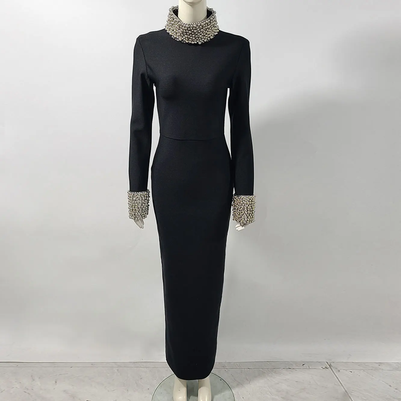 Elegant Women Light Luxury Nail Bead Design Bandage Dress High Collar Long Sleeve Bodycon Long Dress Evening Party Vestidos - Image 7