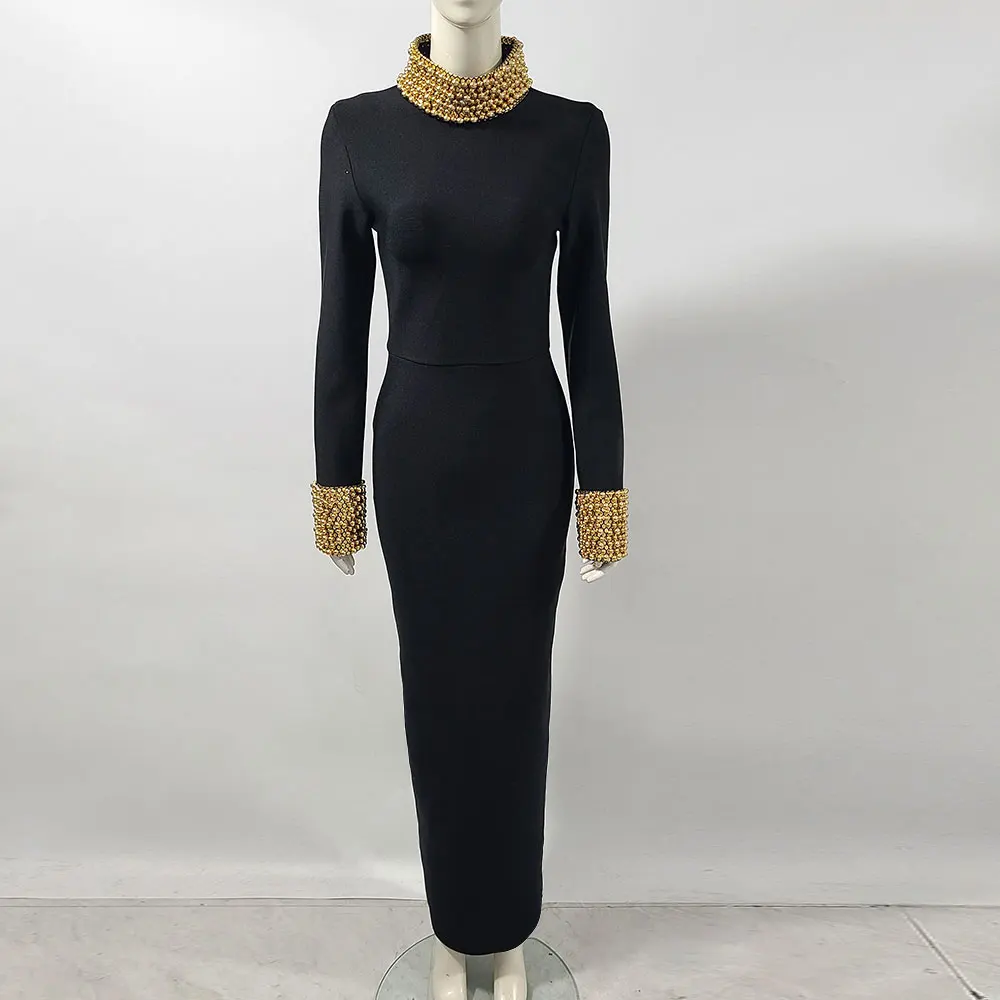 Elegant Women Light Luxury Nail Bead Design Bandage Dress High Collar Long Sleeve Bodycon Long Dress Evening Party Vestidos - Image 8
