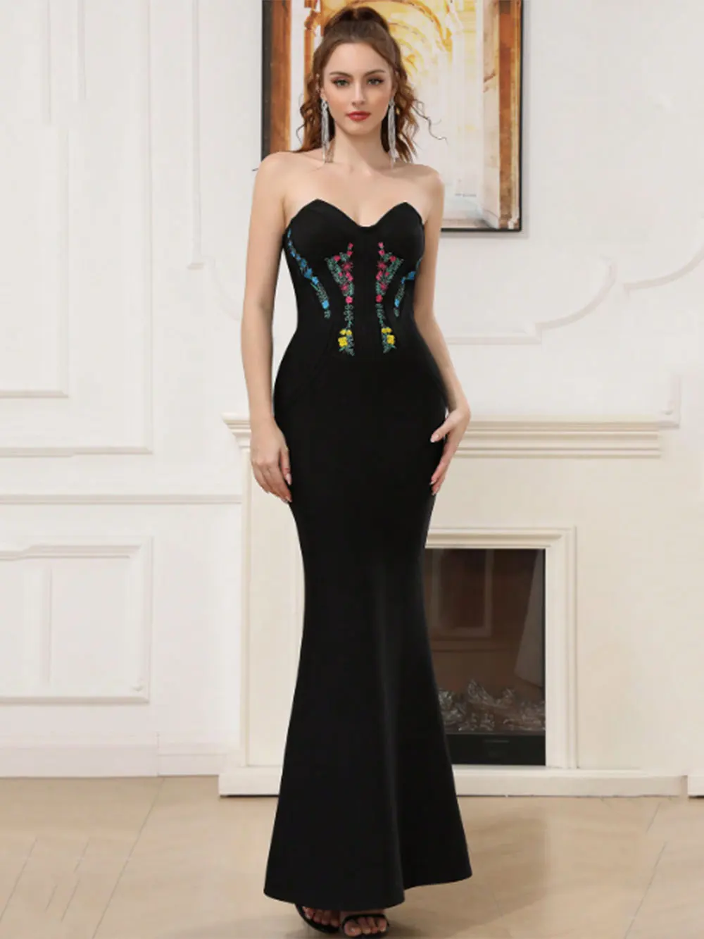 Elegant Women's 3D Decorative Fishtail Bandage Dress Strapless Sleeveless Bodycon Backless Long Dress Dinner Party Vestidos - Image 3