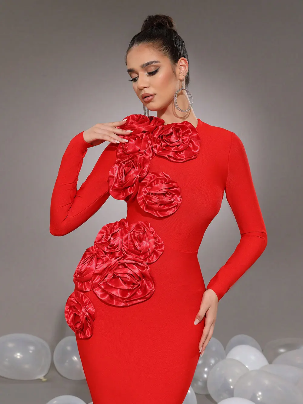 Elegant Women's 3D Flower Decorative Bandage Dress O-neck Long Sleeve Bodycon Long Dress Cocktail Evening Party Vestidos - Image 2