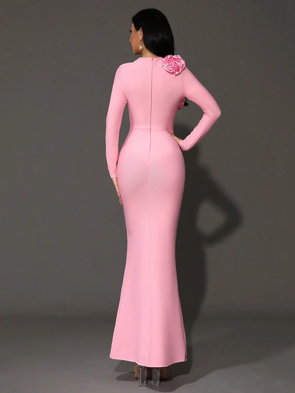 Elegant Women's 3D Flower Decorative Bandage Dress O-neck Long Sleeve Bodycon Long Dress Cocktail Evening Party Vestidos - Image 3