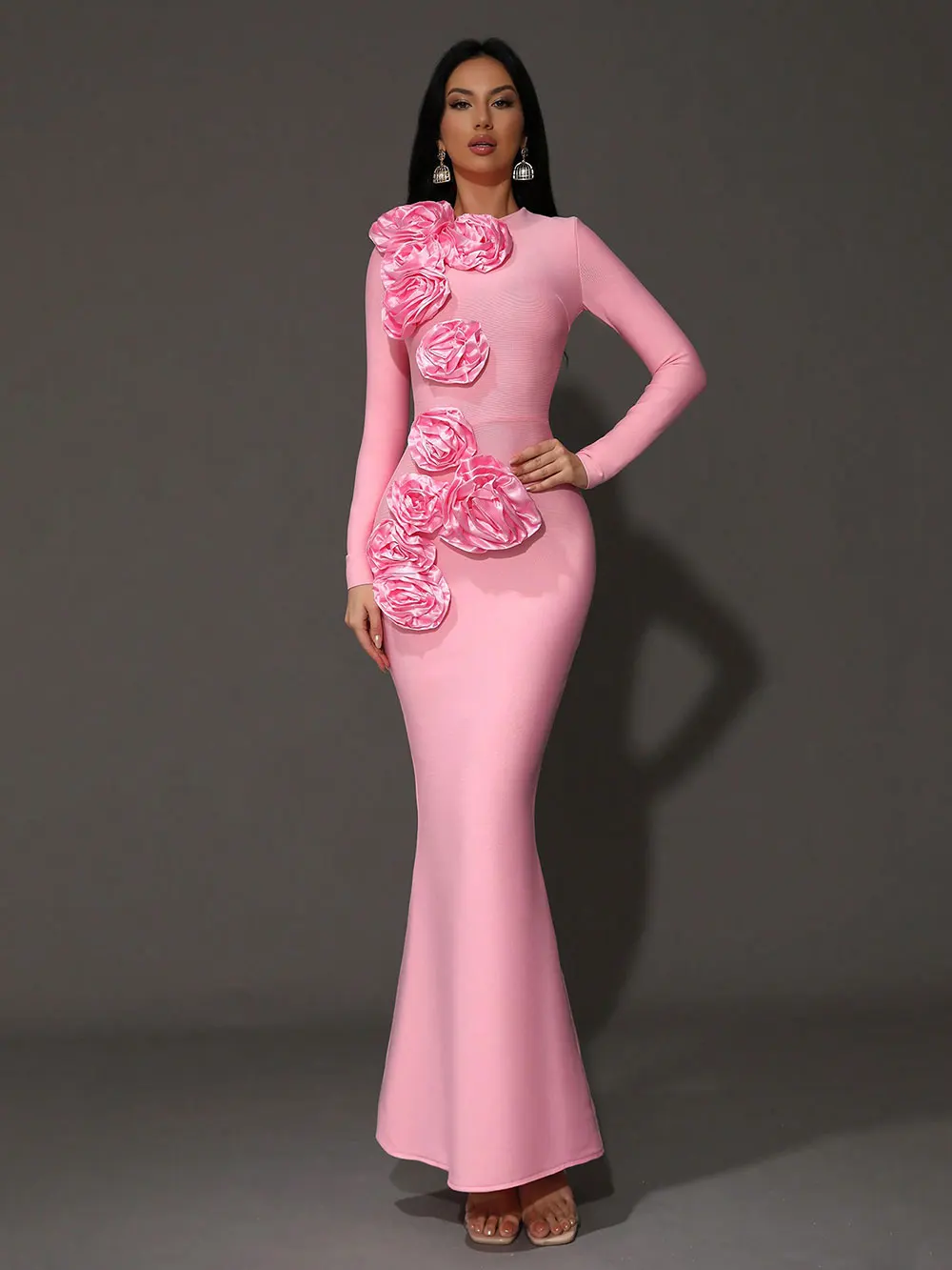 Elegant Women's 3D Flower Decorative Bandage Dress O-neck Long Sleeve Bodycon Long Dress Cocktail Evening Party Vestidos - Image 4
