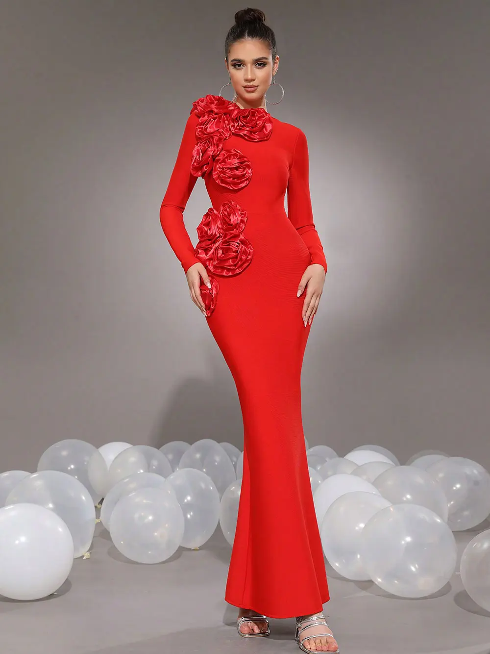 Elegant Women's 3D Flower Decorative Bandage Dress O-neck Long Sleeve Bodycon Long Dress Cocktail Evening Party Vestidos - Image 5