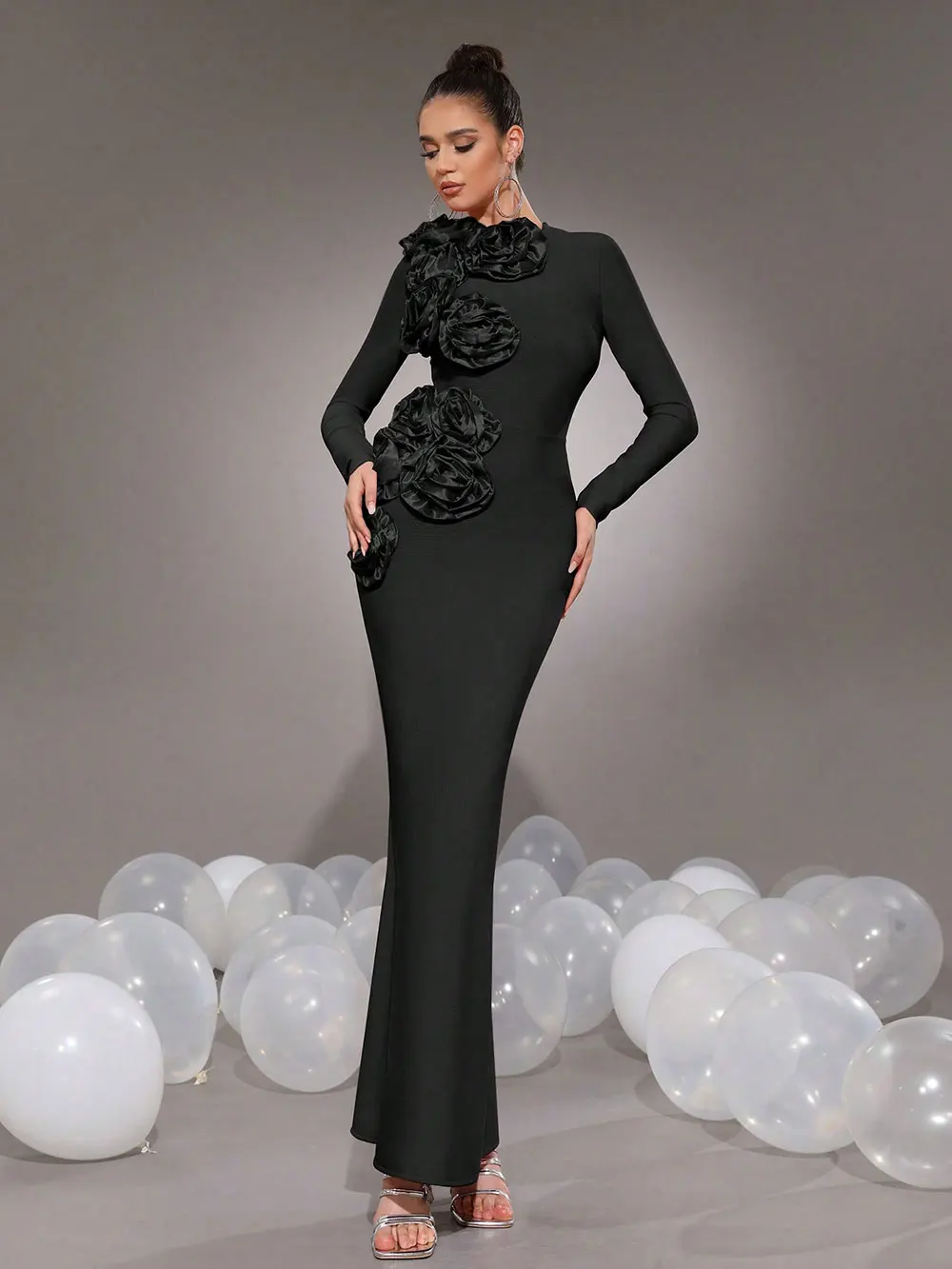 Elegant Women's 3D Flower Decorative Bandage Dress O-neck Long Sleeve Bodycon Long Dress Cocktail Evening Party Vestidos - Image 6