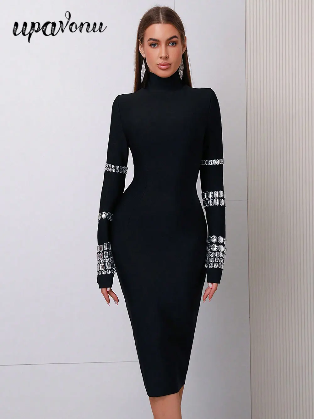 Elegant Women's Bead Design Bandage Dress High Neck Long Sleeve Bodycon Flute Dress Cocktail Evening Party Vestidos