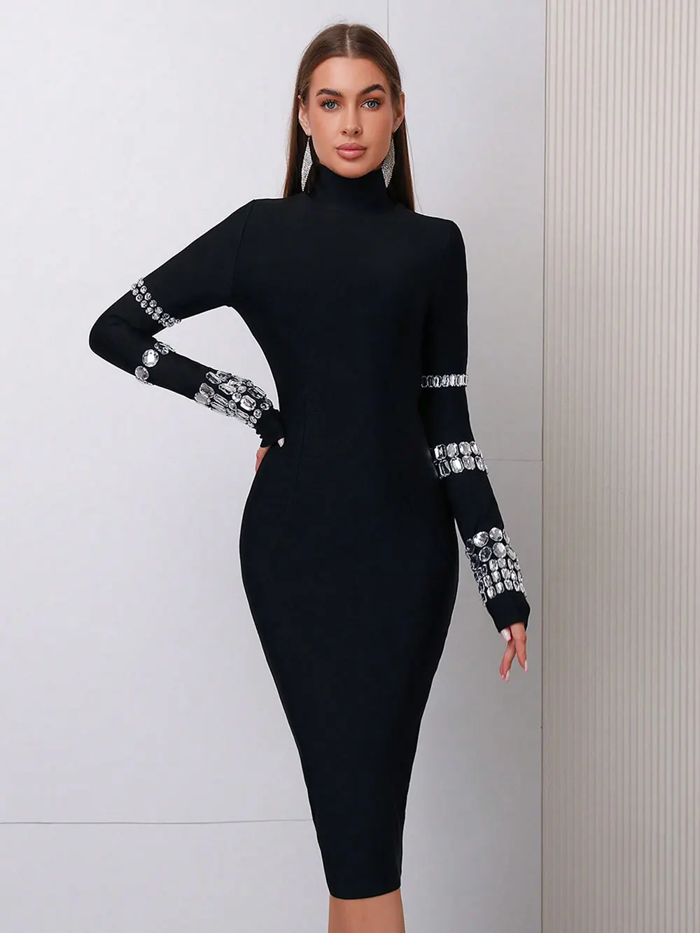 Elegant Women's Bead Design Bandage Dress High Neck Long Sleeve Bodycon Flute Dress Cocktail Evening Party Vestidos - Image 3