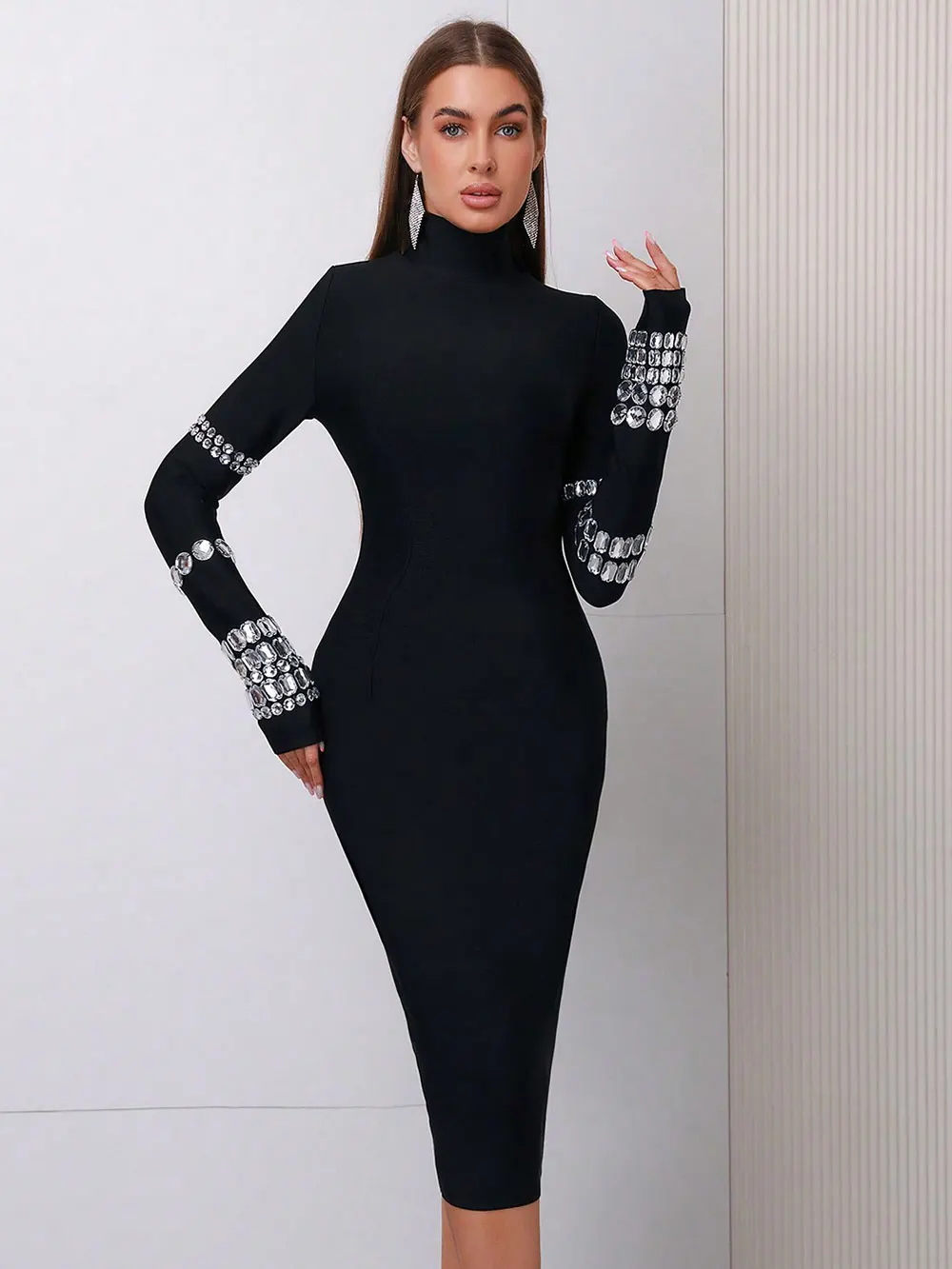 Elegant Women's Bead Design Bandage Dress High Neck Long Sleeve Bodycon Flute Dress Cocktail Evening Party Vestidos - Image 4
