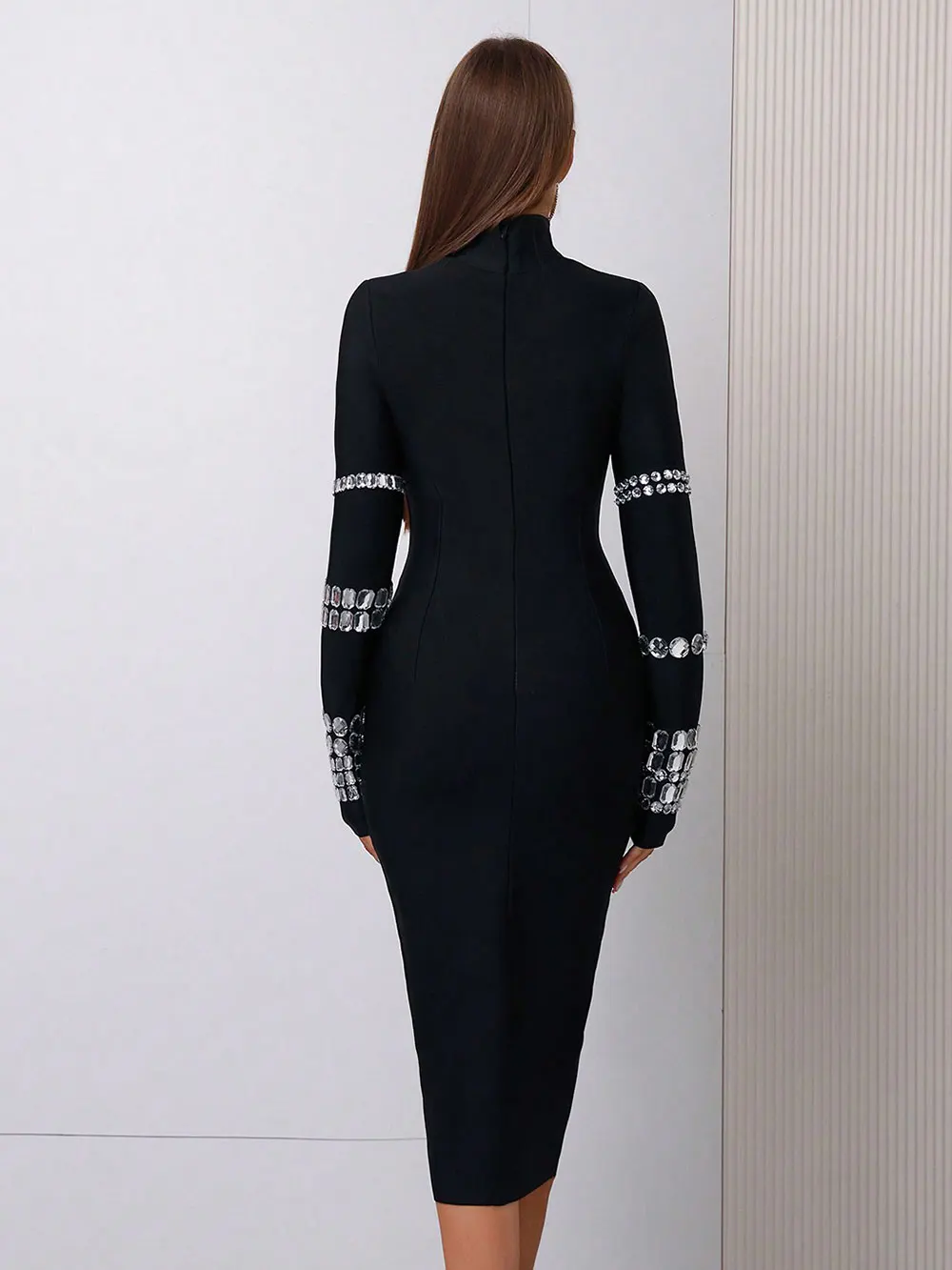 Elegant Women's Bead Design Bandage Dress High Neck Long Sleeve Bodycon Flute Dress Cocktail Evening Party Vestidos - Image 6