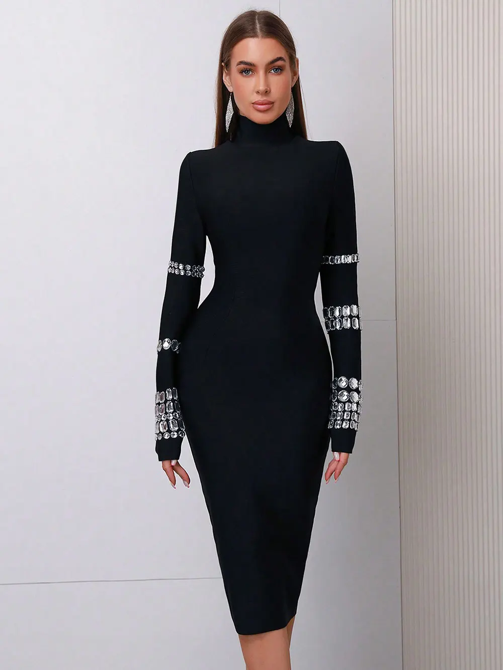 Elegant Women's Bead Design Bandage Dress High Neck Long Sleeve Bodycon Flute Dress Cocktail Evening Party Vestidos - Image 7