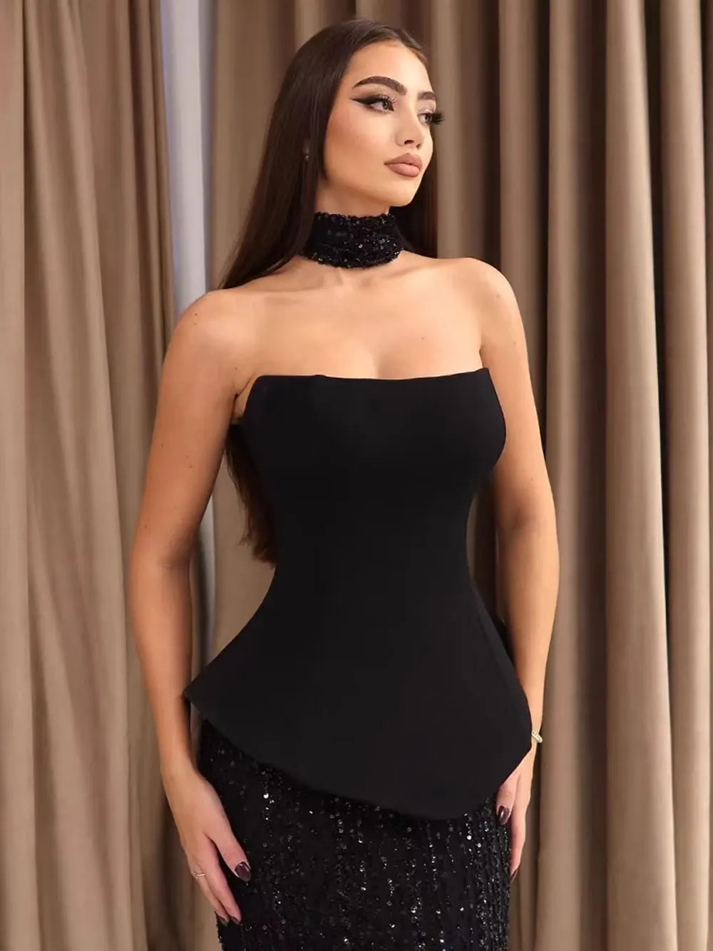 Elegant Women's Light Luxury Dress+Strapless Sleeveless Bodycon Patchwork Long Dress Cocktail Evening Party Vestidos - Image 2