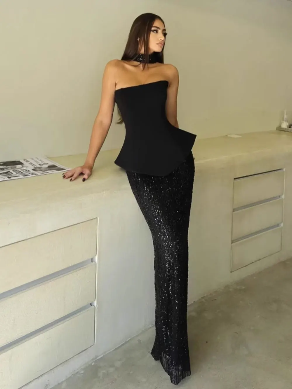 Elegant Women's Light Luxury Dress+Strapless Sleeveless Bodycon Patchwork Long Dress Cocktail Evening Party Vestidos - Image 4