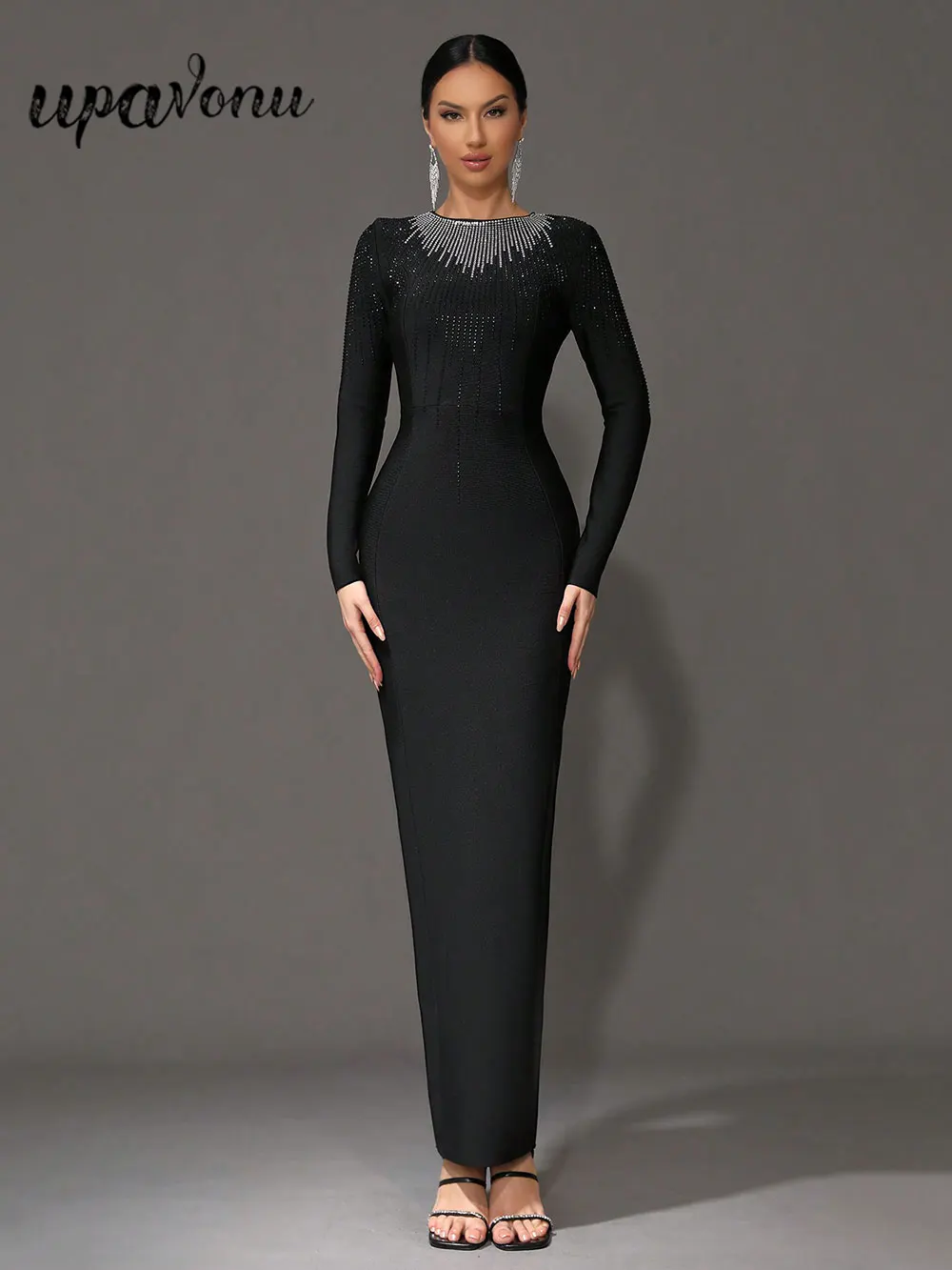 Elegant Women's Light Luxury Hot Diamond Bandage Dress O-neck Long Sleeve Bodycon Black Long Dress Evening Party Vestidos