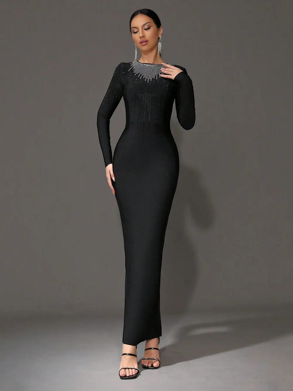 Elegant Women's Light Luxury Hot Diamond Bandage Dress O-neck Long Sleeve Bodycon Black Long Dress Evening Party Vestidos - Image 2