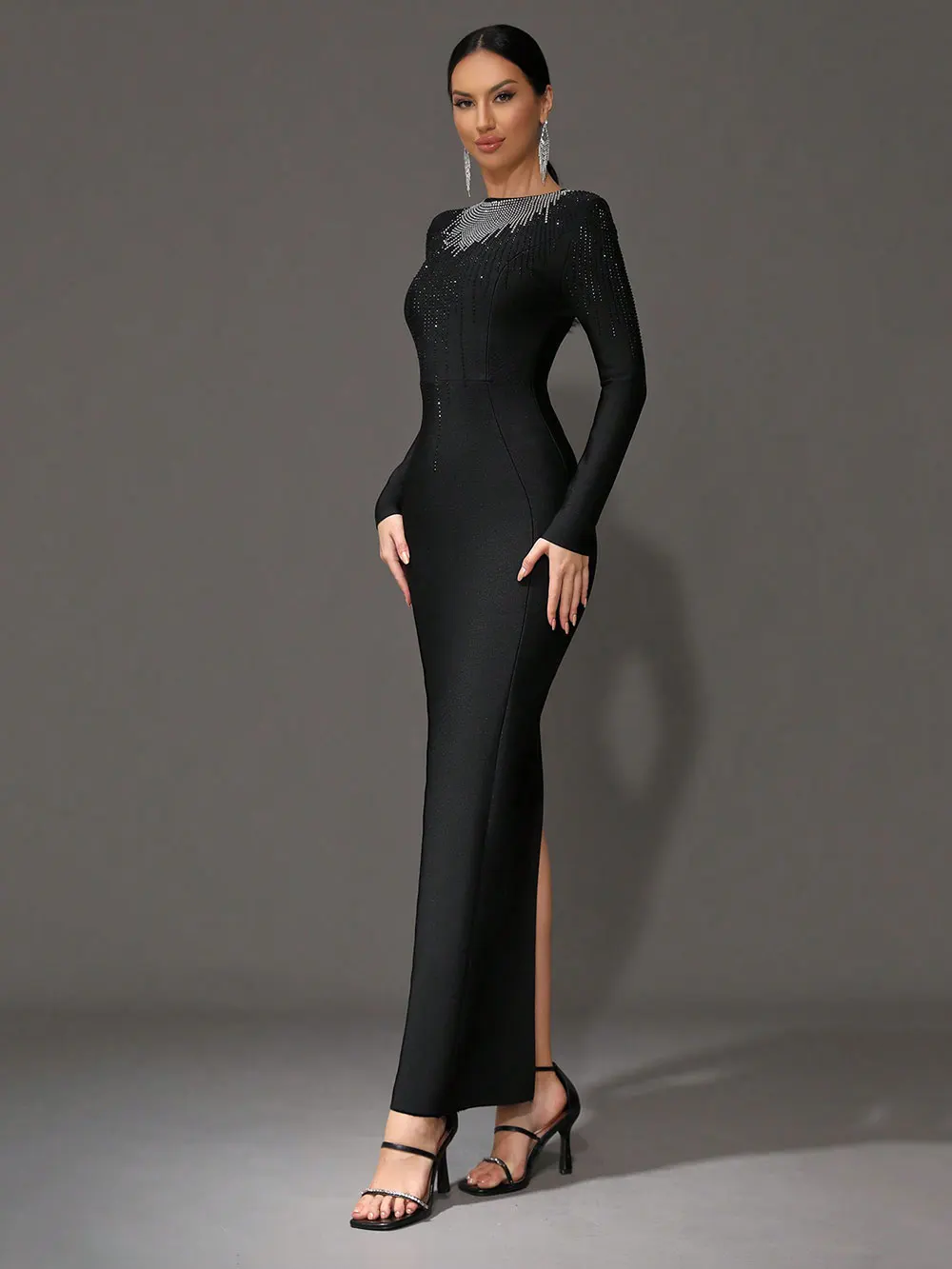 Elegant Women's Light Luxury Hot Diamond Bandage Dress O-neck Long Sleeve Bodycon Black Long Dress Evening Party Vestidos - Image 3