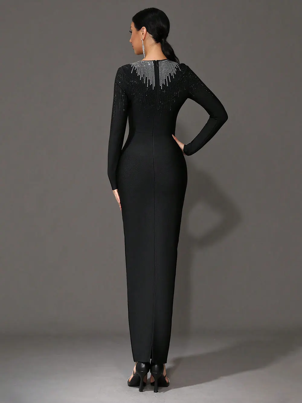 Elegant Women's Light Luxury Hot Diamond Bandage Dress O-neck Long Sleeve Bodycon Black Long Dress Evening Party Vestidos - Image 5