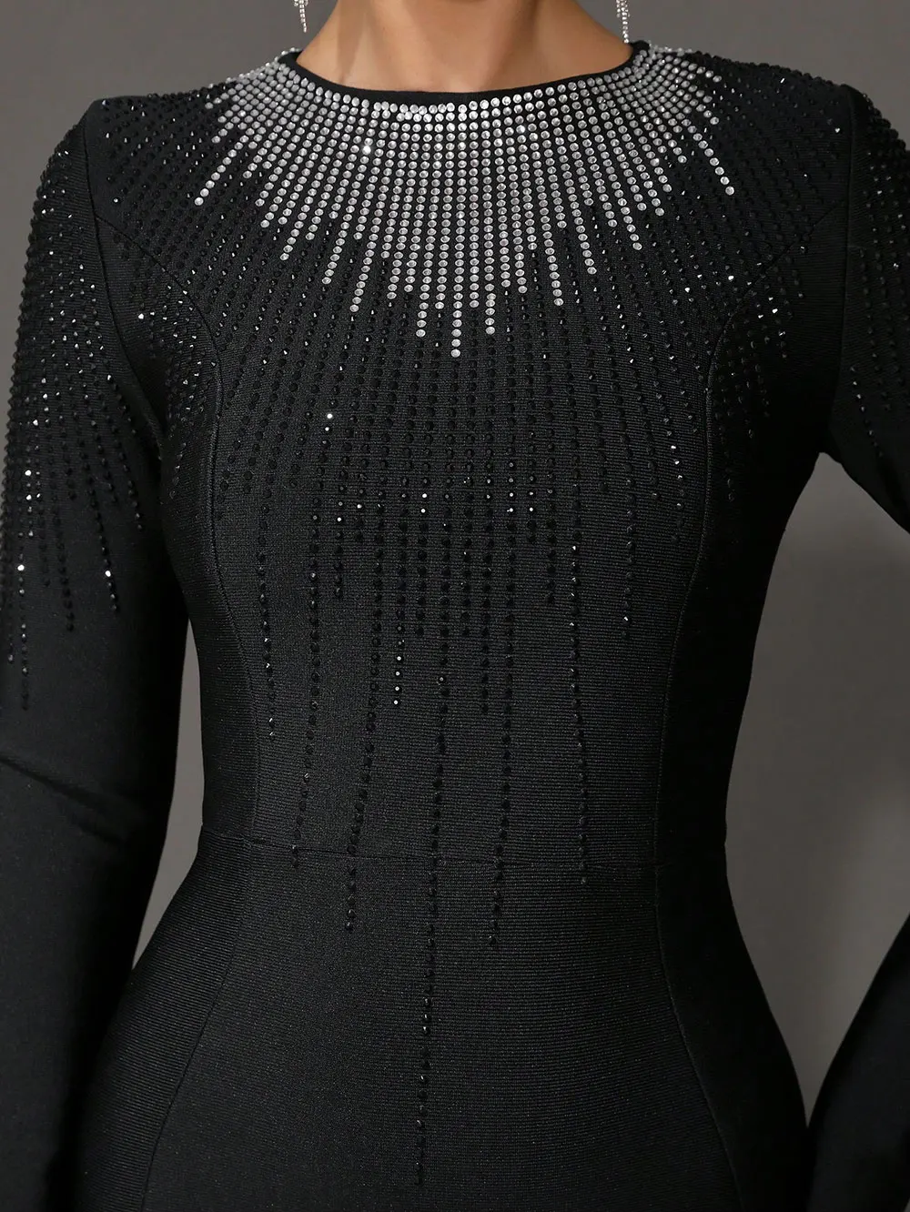 Elegant Women's Light Luxury Hot Diamond Bandage Dress O-neck Long Sleeve Bodycon Black Long Dress Evening Party Vestidos - Image 6