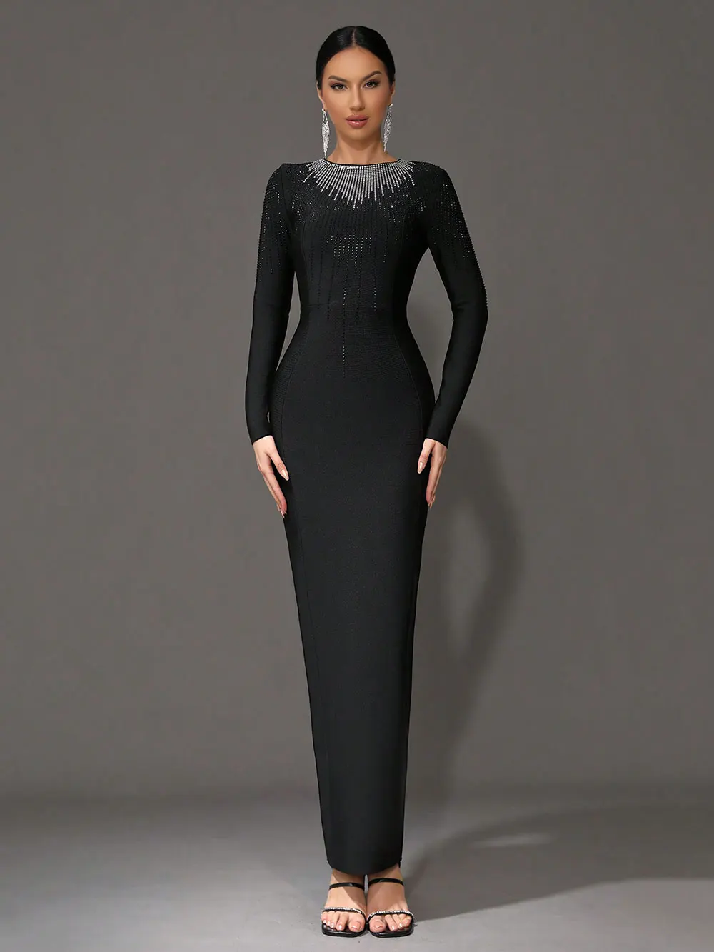 Elegant Women's Light Luxury Hot Diamond Bandage Dress O-neck Long Sleeve Bodycon Black Long Dress Evening Party Vestidos - Image 7