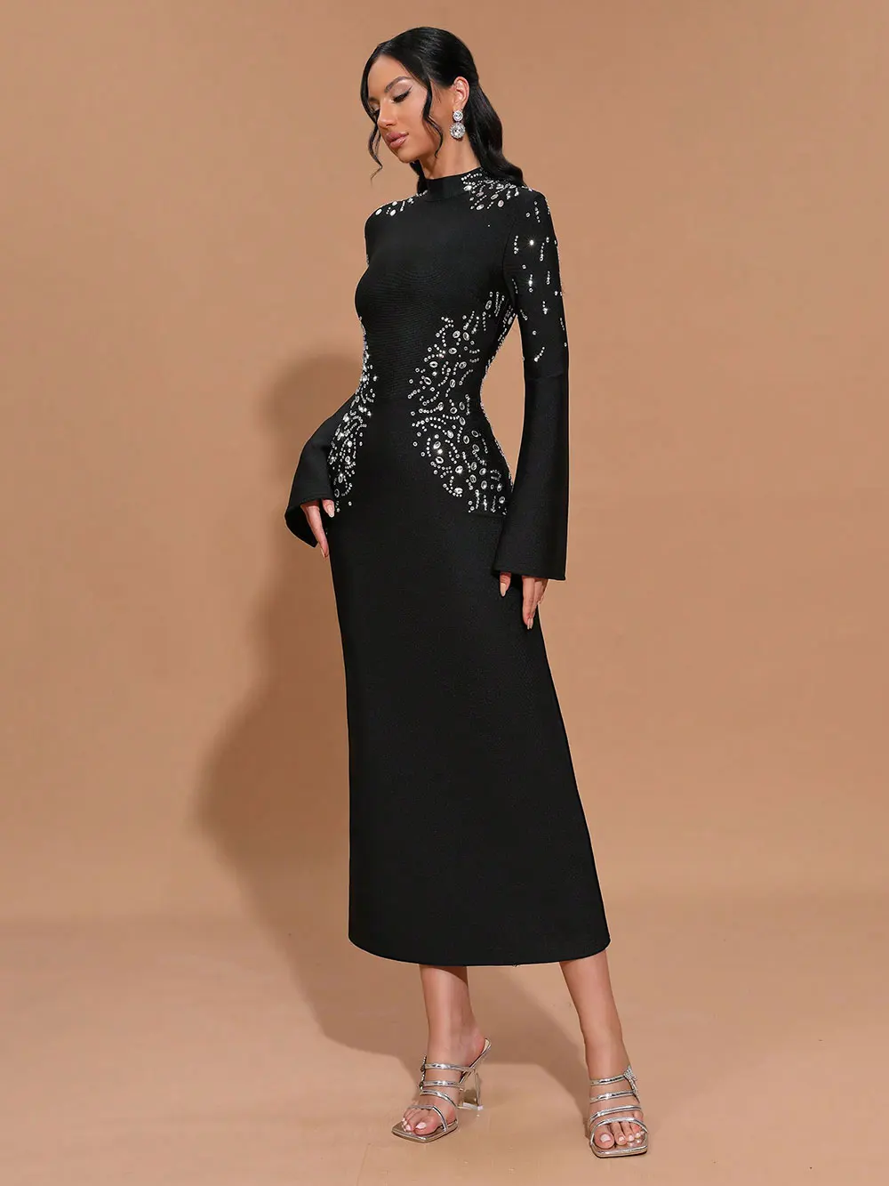 Elegant Women's Light Luxury Hot Diamond Bandage Dress with Stand up Collar and Trumpet Sleeve Bodycon Long Dress Vestidos - Image 2