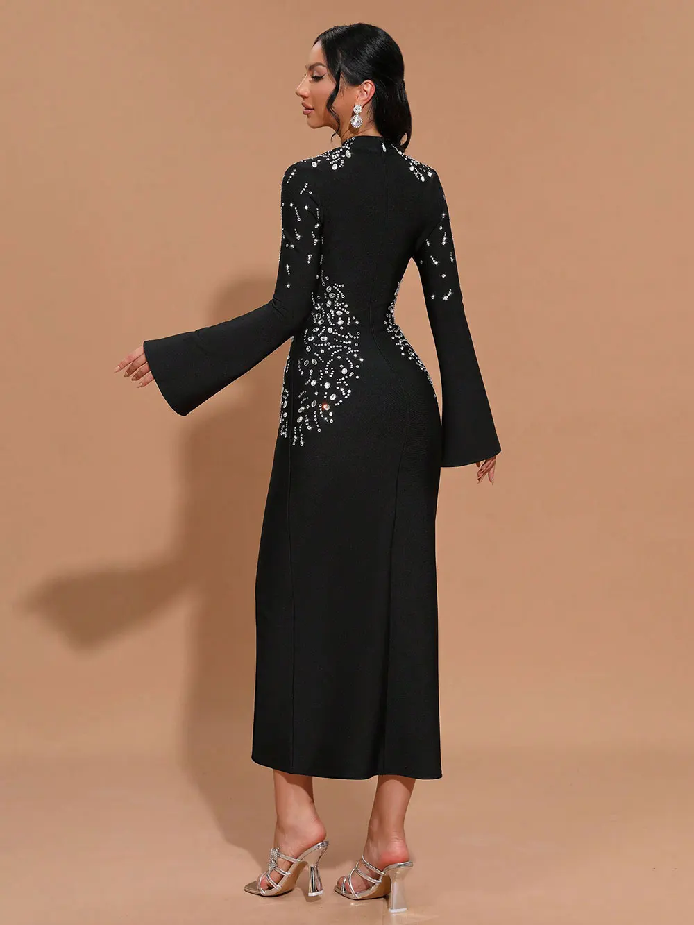 Elegant Women's Light Luxury Hot Diamond Bandage Dress with Stand up Collar and Trumpet Sleeve Bodycon Long Dress Vestidos - Image 3