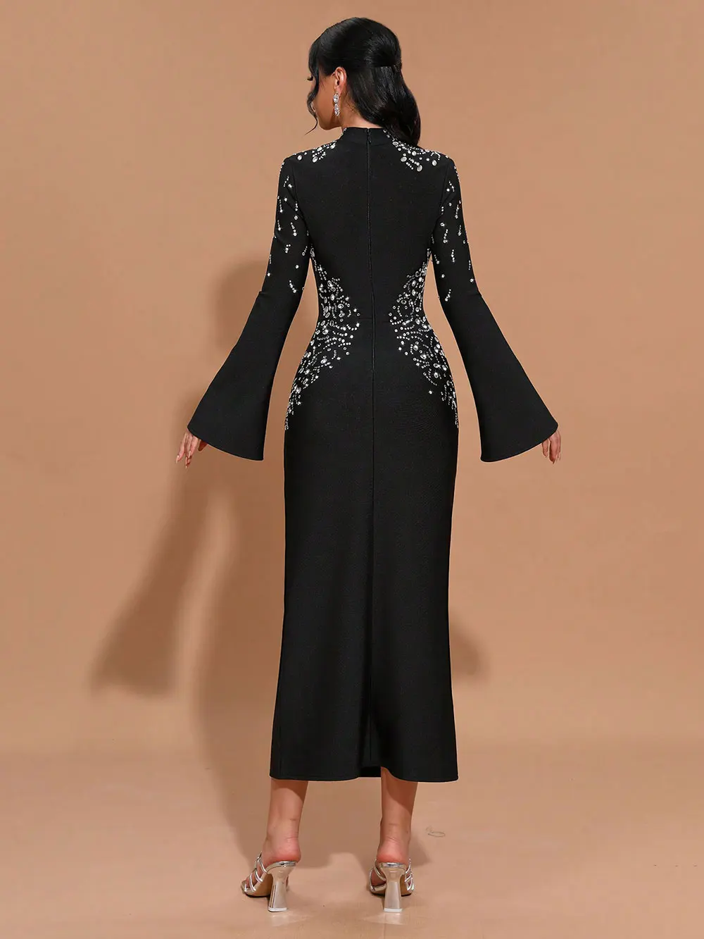 Elegant Women's Light Luxury Hot Diamond Bandage Dress with Stand up Collar and Trumpet Sleeve Bodycon Long Dress Vestidos - Image 4