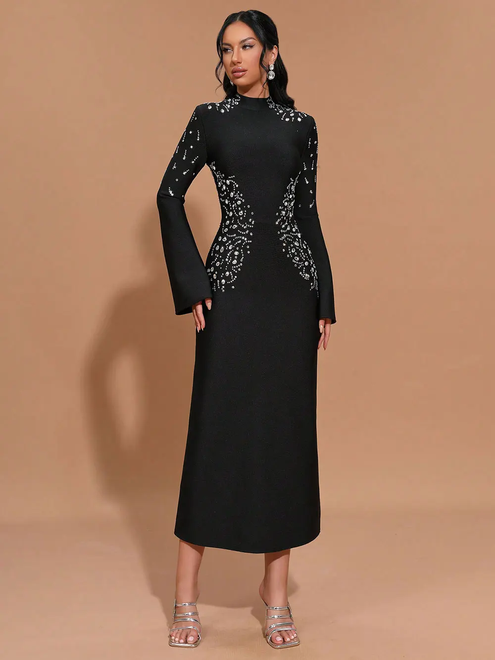 Elegant Women's Light Luxury Hot Diamond Bandage Dress with Stand up Collar and Trumpet Sleeve Bodycon Long Dress Vestidos - Image 6