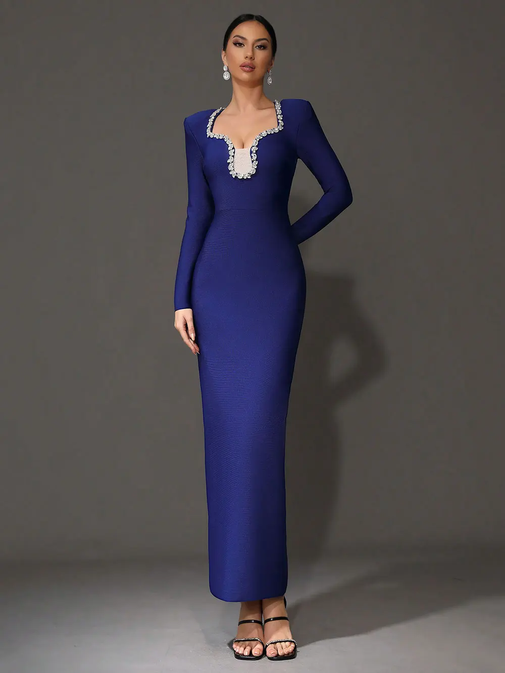 Elegant Women's Light Luxury Nail Diamond Design Bandage Dress U Neck Long Sleeve Bodycon Long Dress Evening Party Vestidos - Image 6