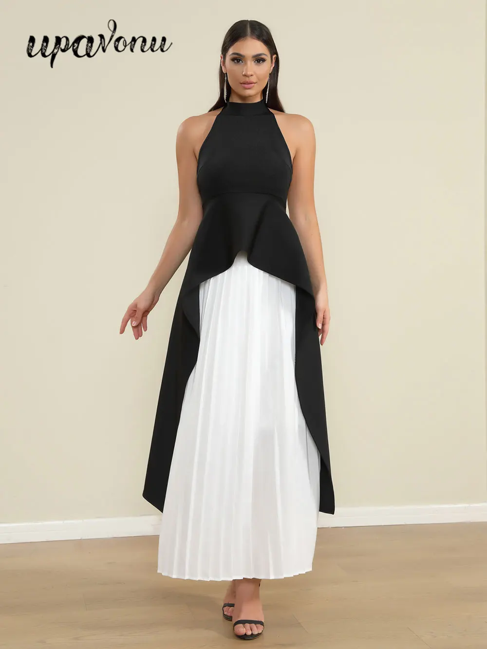 Elegant Women's Loose pleated Long Dress with Stand up Collar and Sleeveless Black and White Dress Fashion Banquet Vestidos