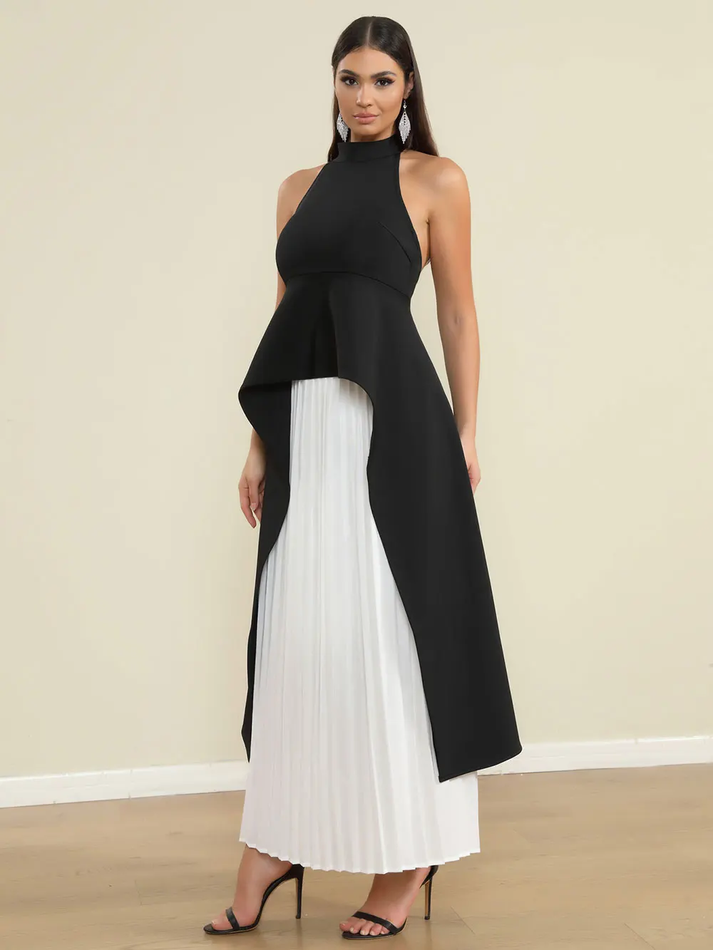 Elegant Women's Loose pleated Long Dress with Stand up Collar and Sleeveless Black and White Dress Fashion Banquet Vestidos - Image 3
