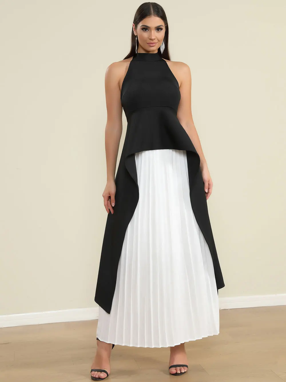 Elegant Women's Loose pleated Long Dress with Stand up Collar and Sleeveless Black and White Dress Fashion Banquet Vestidos - Image 6