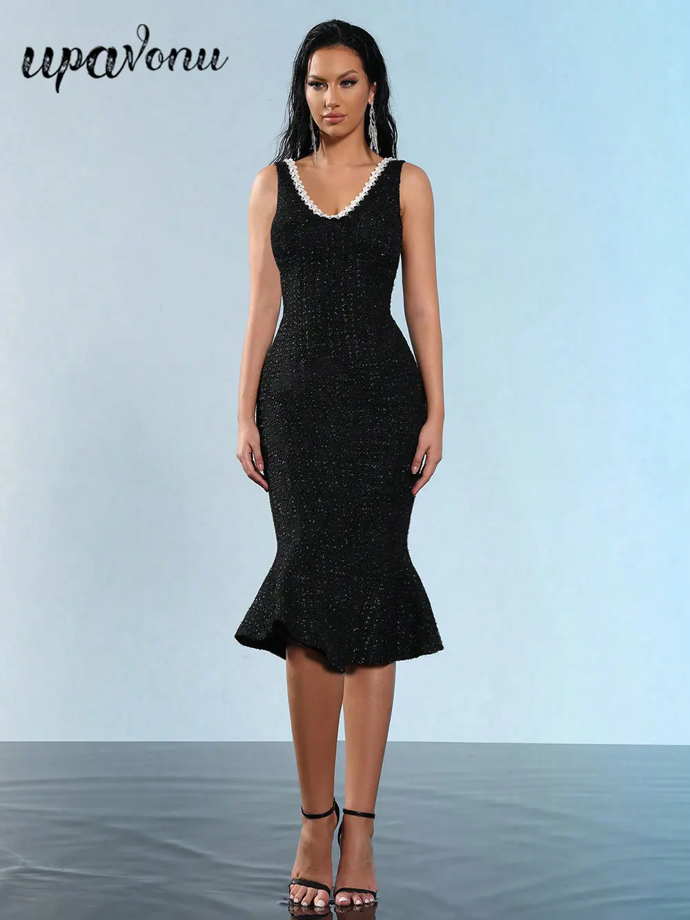 Elegant Women's Nail Bead Design Fishtail Dress V-neck Sleeveless Bodycon Flute Dresses Cocktail Evening Party Vestidos