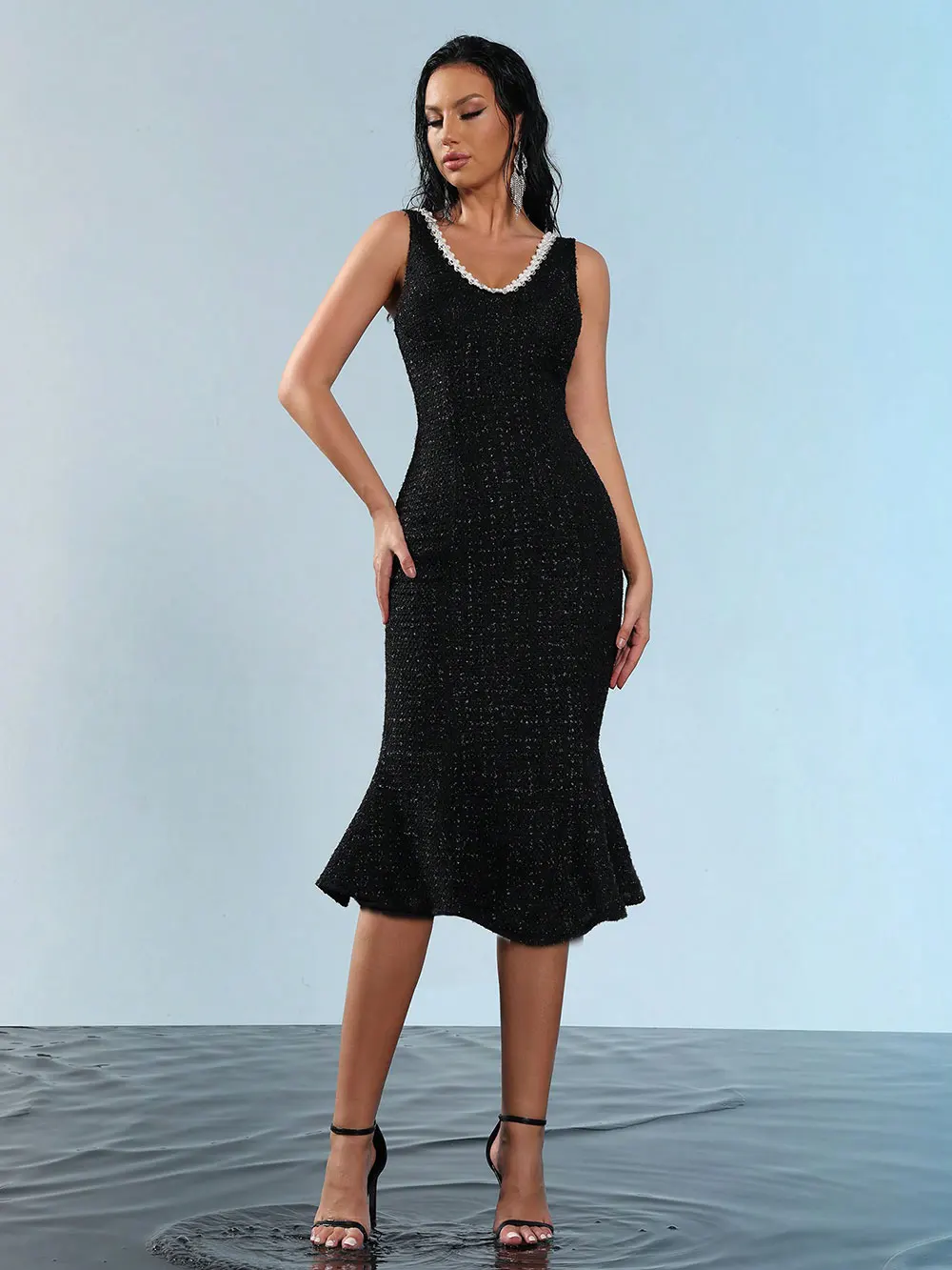 Elegant Women's Nail Bead Design Fishtail Dress V-neck Sleeveless Bodycon Flute Dresses Cocktail Evening Party Vestidos - Image 5