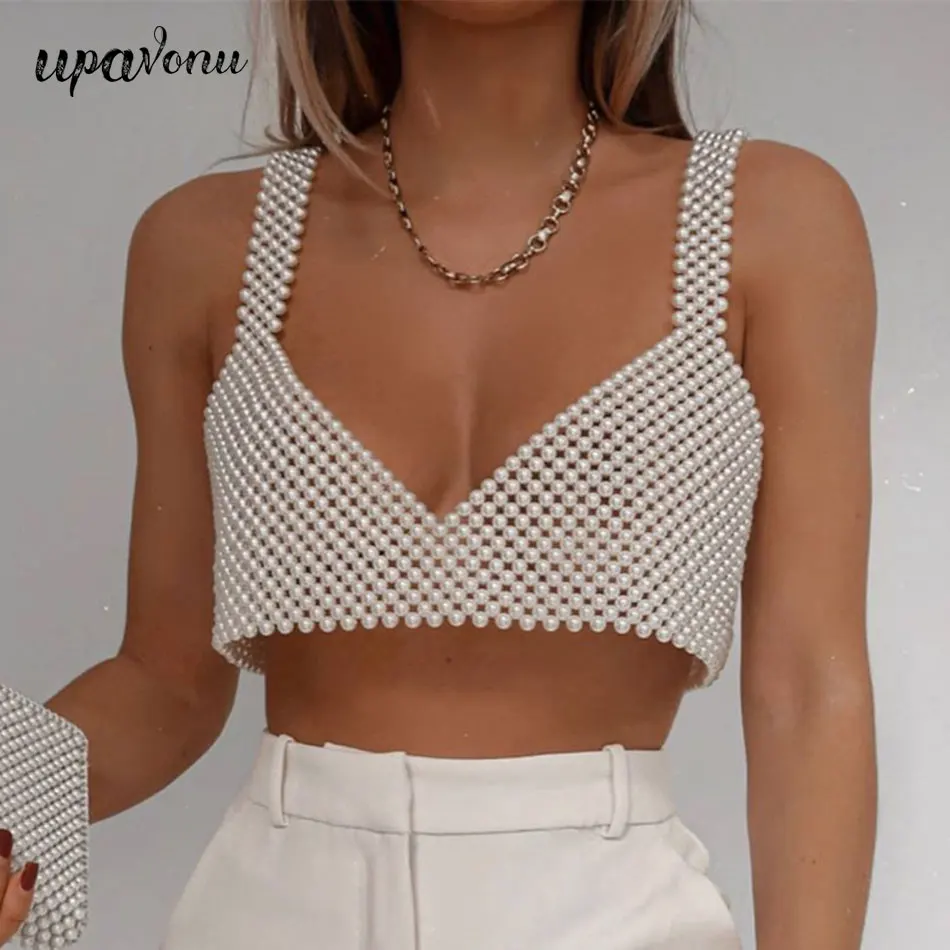 High Street Deep V Neck Pearl Vest Women Fashion Crop Top Ladies White Sleeveless Sexy Club Tank Top Blusas