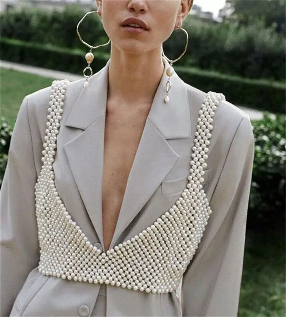 High Street Deep V Neck Pearl Vest Women Fashion Crop Top Ladies White Sleeveless Sexy Club Tank Top Blusas - Image 2