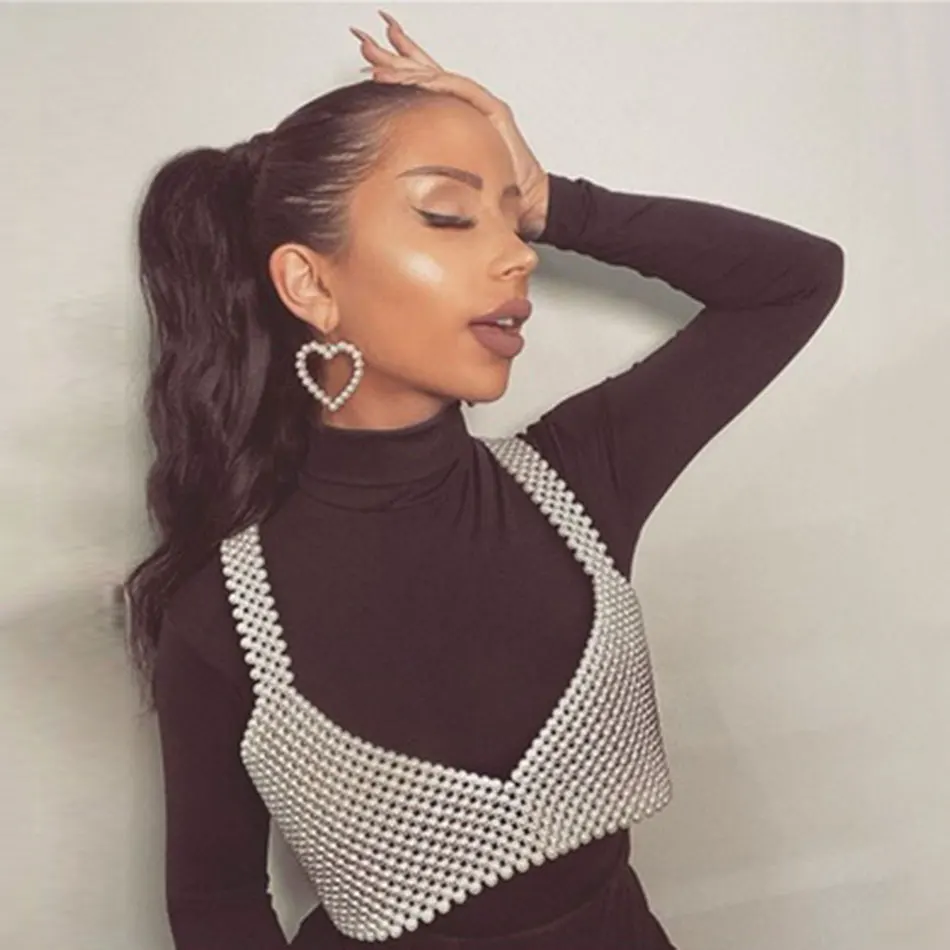 High Street Deep V Neck Pearl Vest Women Fashion Crop Top Ladies White Sleeveless Sexy Club Tank Top Blusas - Image 5