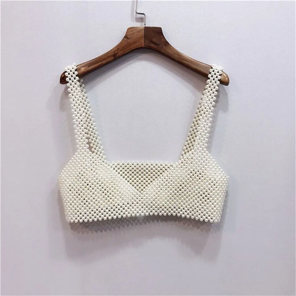 High Street Deep V Neck Pearl Vest Women Fashion Crop Top Ladies White Sleeveless Sexy Club Tank Top Blusas - Image 6
