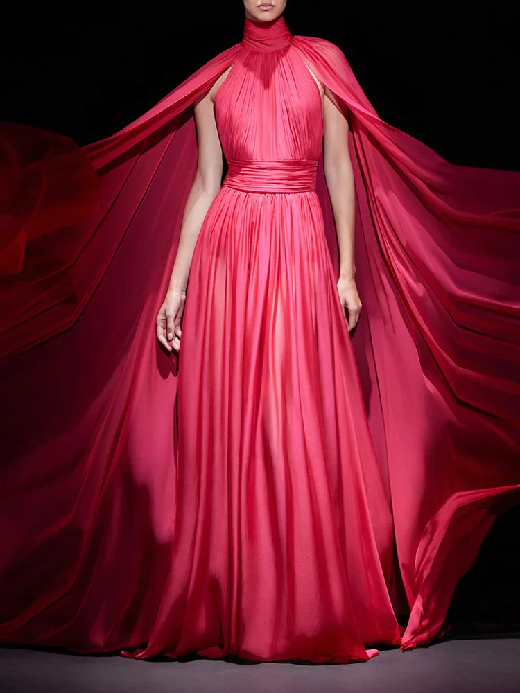 Arrival Red Color Women Fashion Cloak Sleeve Slim Floor-length Dress Elegant Eveening Party Celebrate Prom Outfit