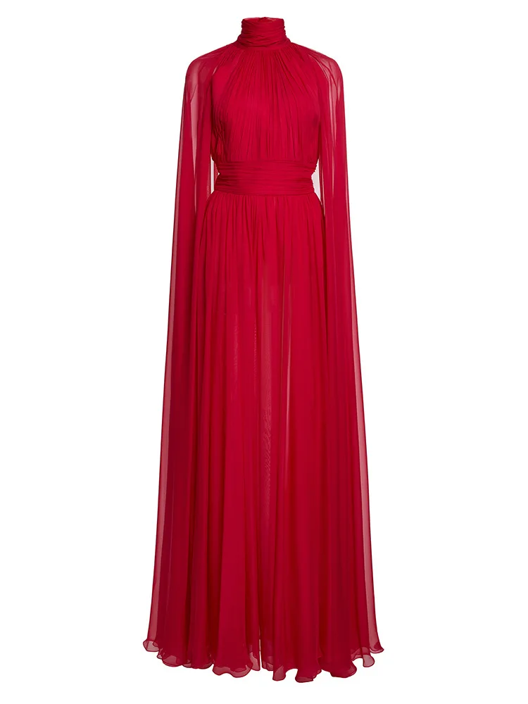Arrival Red Color Women Fashion Cloak Sleeve Slim Floor-length Dress Elegant Eveening Party Celebrate Prom Outfit - Image 2