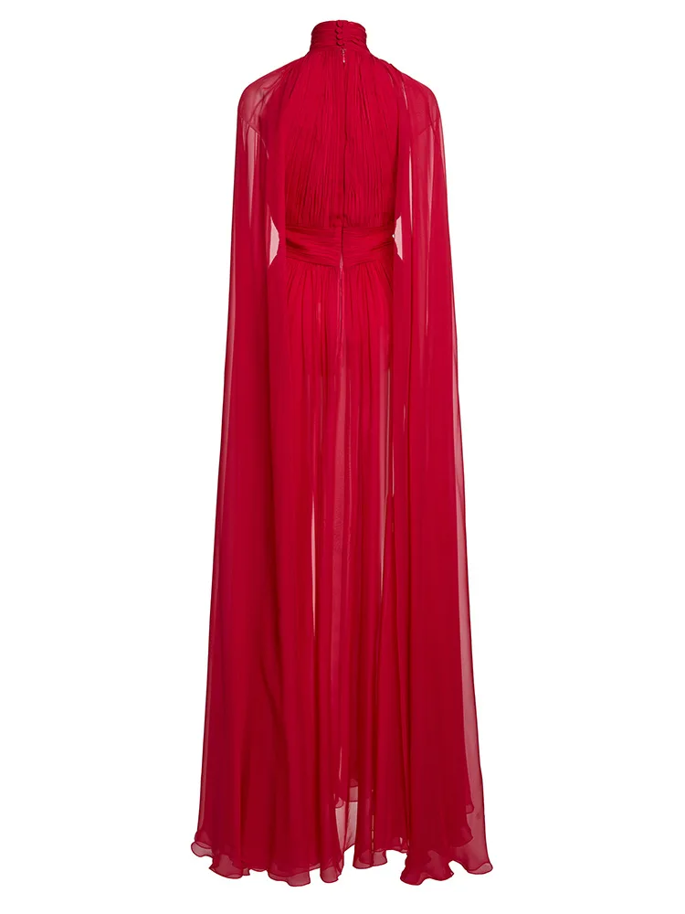 Arrival Red Color Women Fashion Cloak Sleeve Slim Floor-length Dress Elegant Eveening Party Celebrate Prom Outfit - Image 3