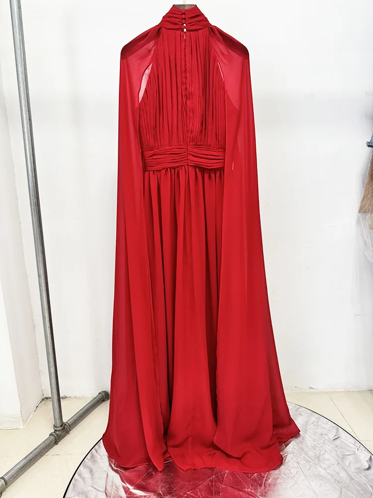 Arrival Red Color Women Fashion Cloak Sleeve Slim Floor-length Dress Elegant Eveening Party Celebrate Prom Outfit - Image 4