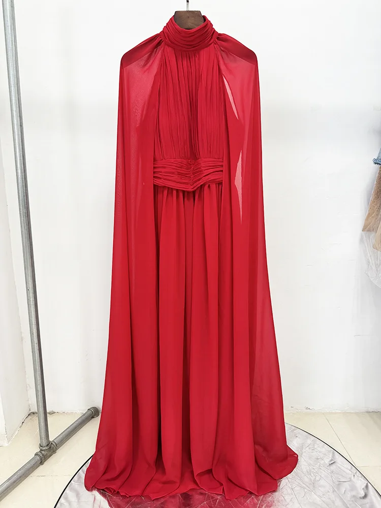 Arrival Red Color Women Fashion Cloak Sleeve Slim Floor-length Dress Elegant Eveening Party Celebrate Prom Outfit - Image 5