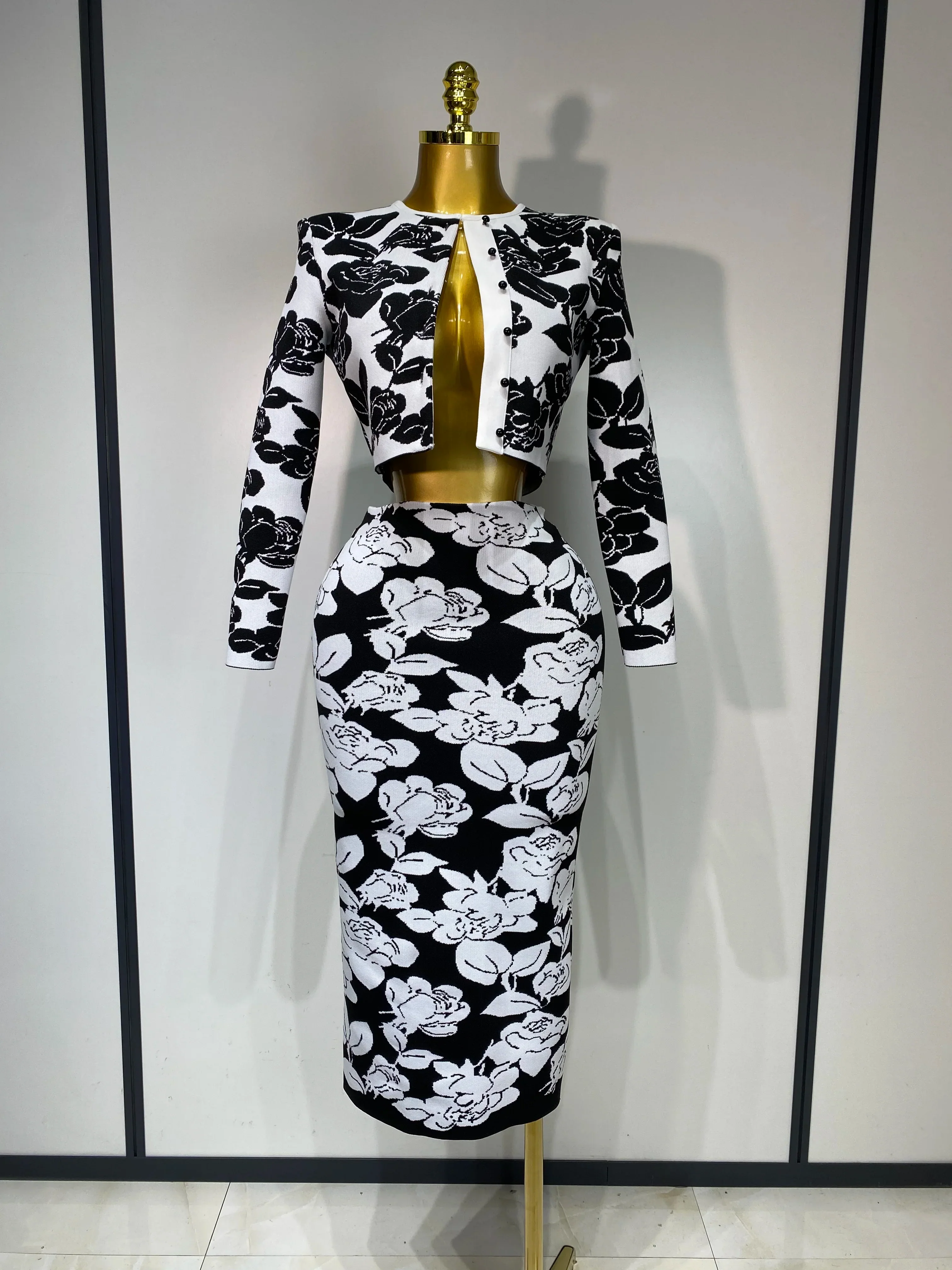 Women Long Sleeve Jacquard Weave Two Pieces Set Celebrity Red Carpet Dress Birthday Bodycon Bandage Women's Set