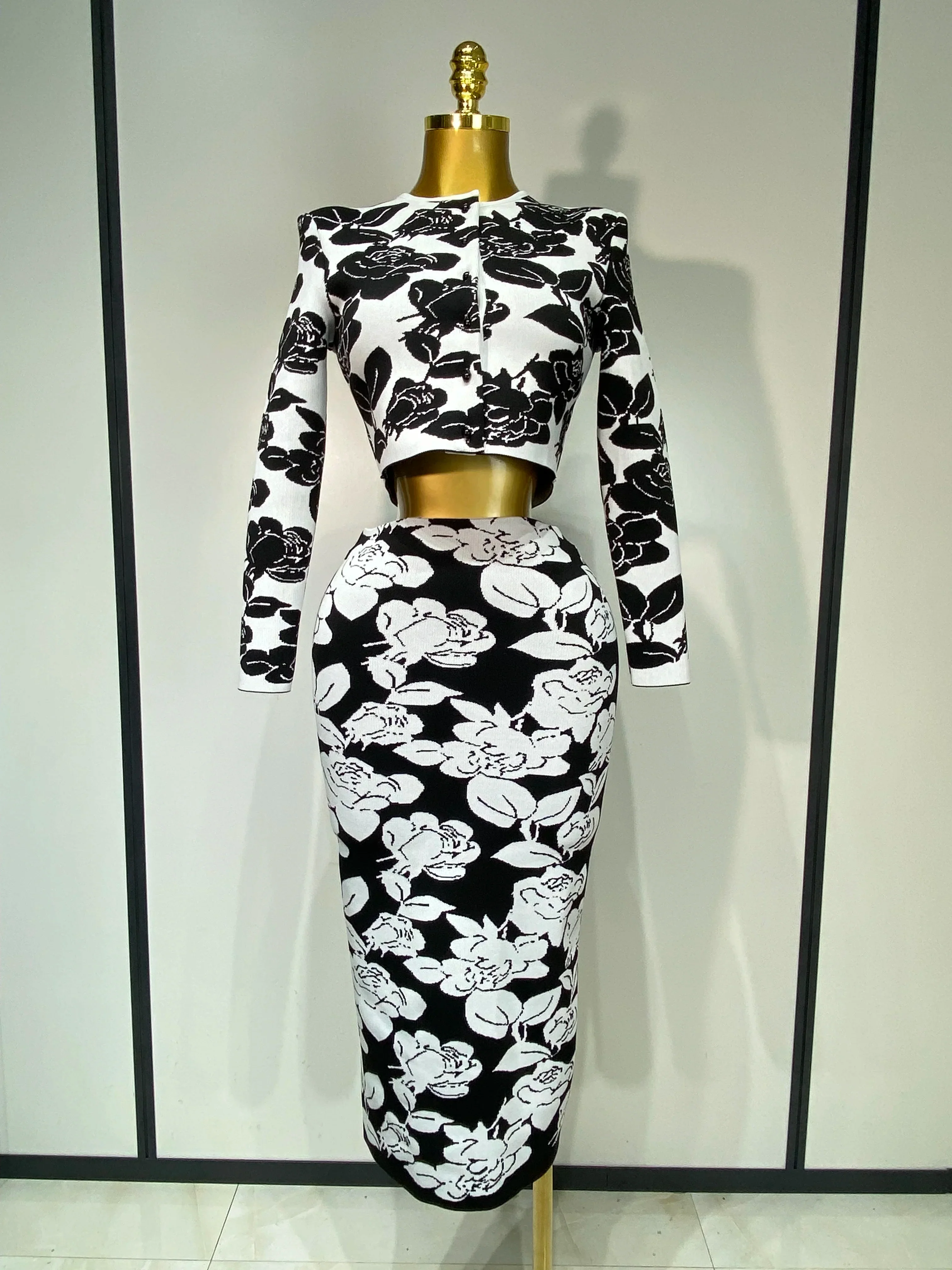 Women Long Sleeve Jacquard Weave Two Pieces Set Celebrity Red Carpet Dress Birthday Bodycon Bandage Women's Set - Image 2