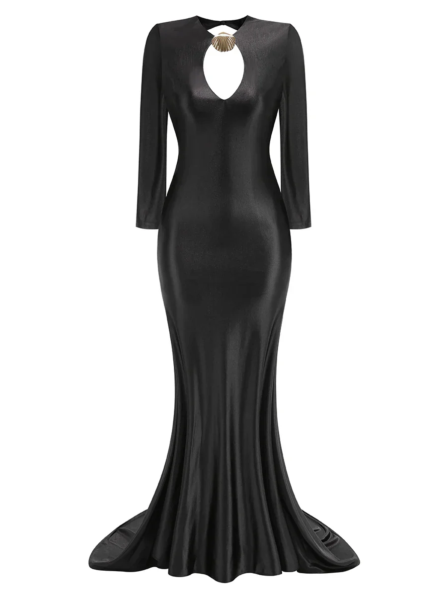 Women Long Sleeve Sexy Keyholes Bodycon Floor-length Dress Elegant Evening Party Prom Runway Fashion Dress - Image 3