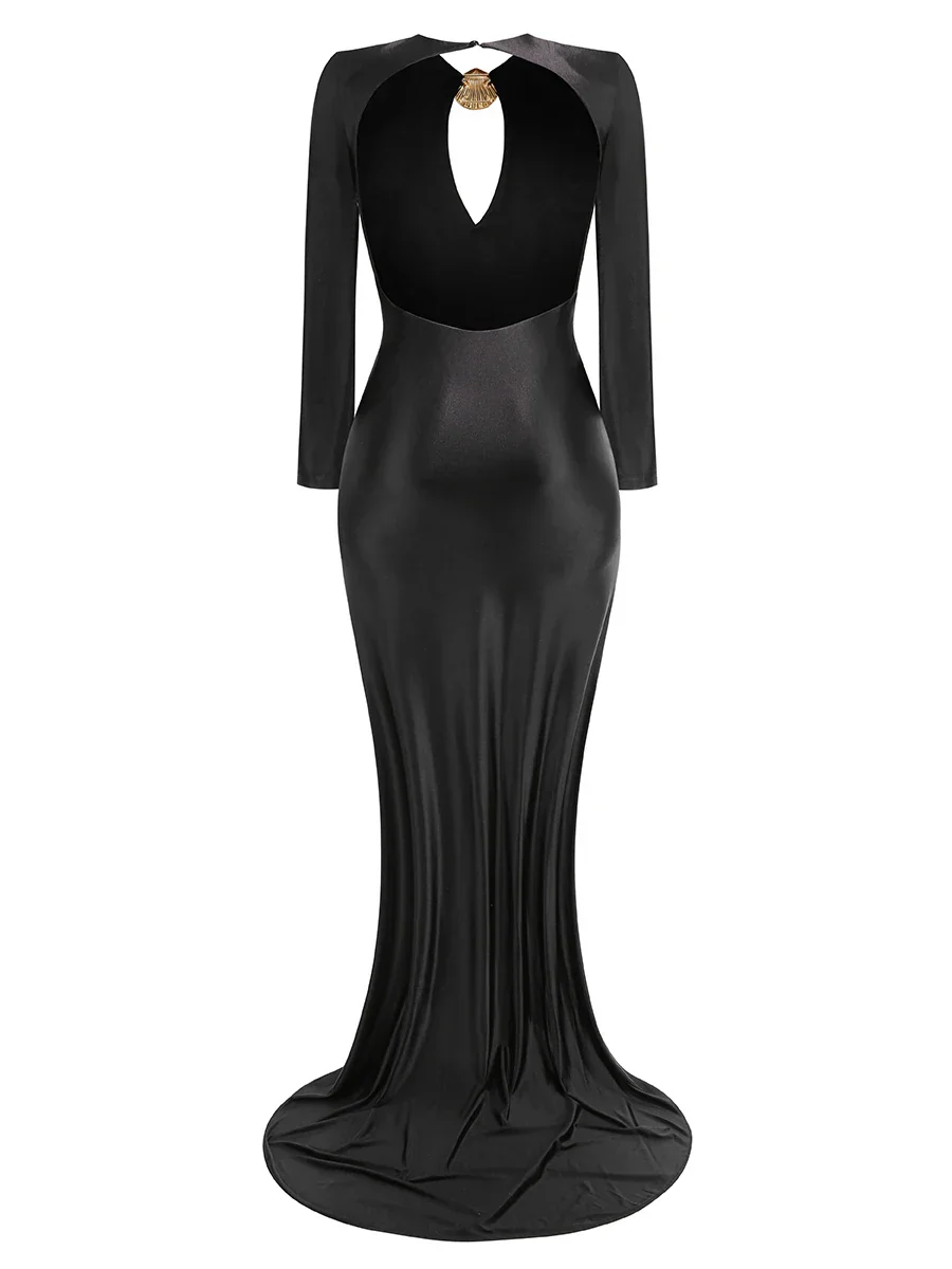 Women Long Sleeve Sexy Keyholes Bodycon Floor-length Dress Elegant Evening Party Prom Runway Fashion Dress - Image 4