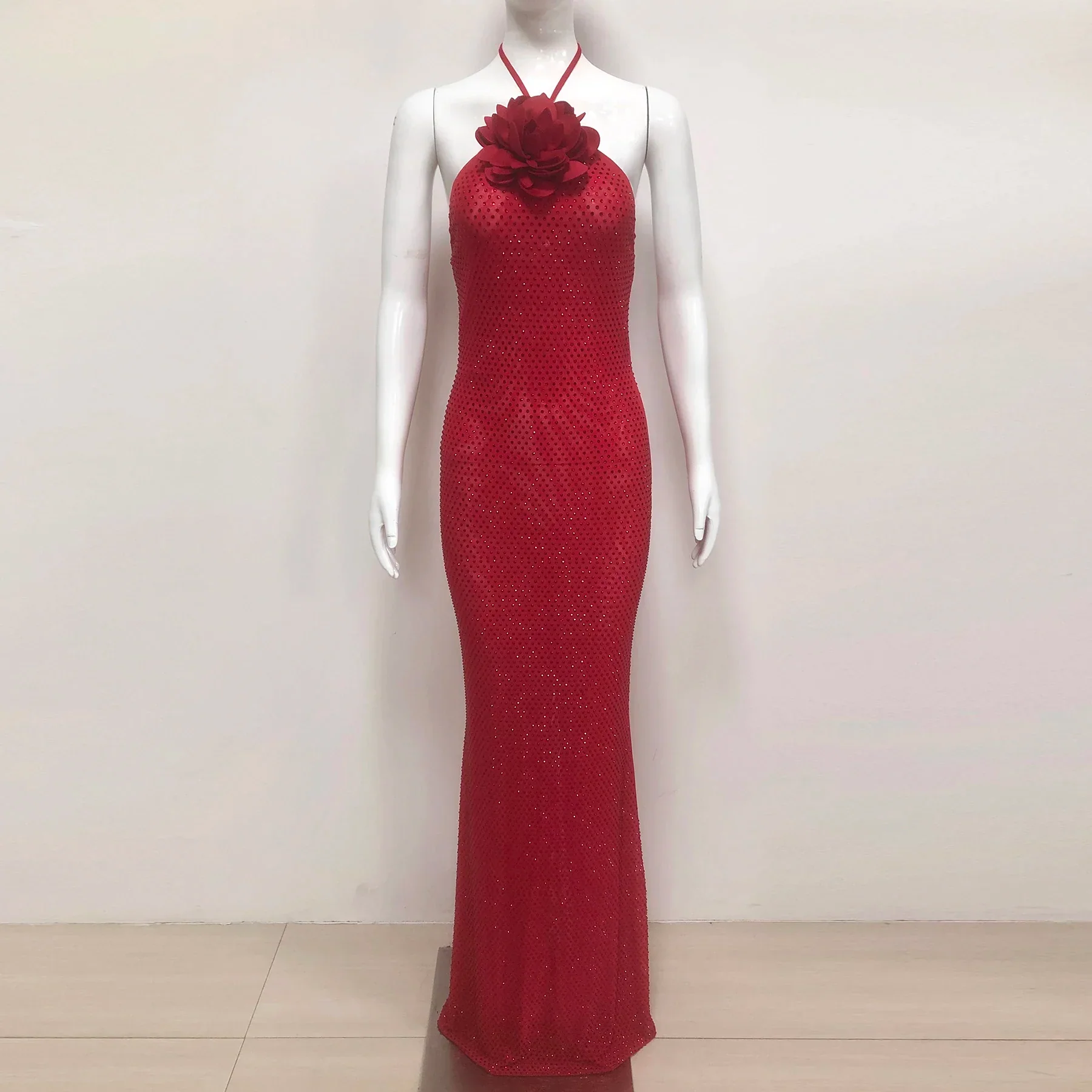 Women Sexy Halter Shinning Rhinestones Backless Bodycon Long Dress Celebrate Nightclub Party Wedding Outfit - Image 5