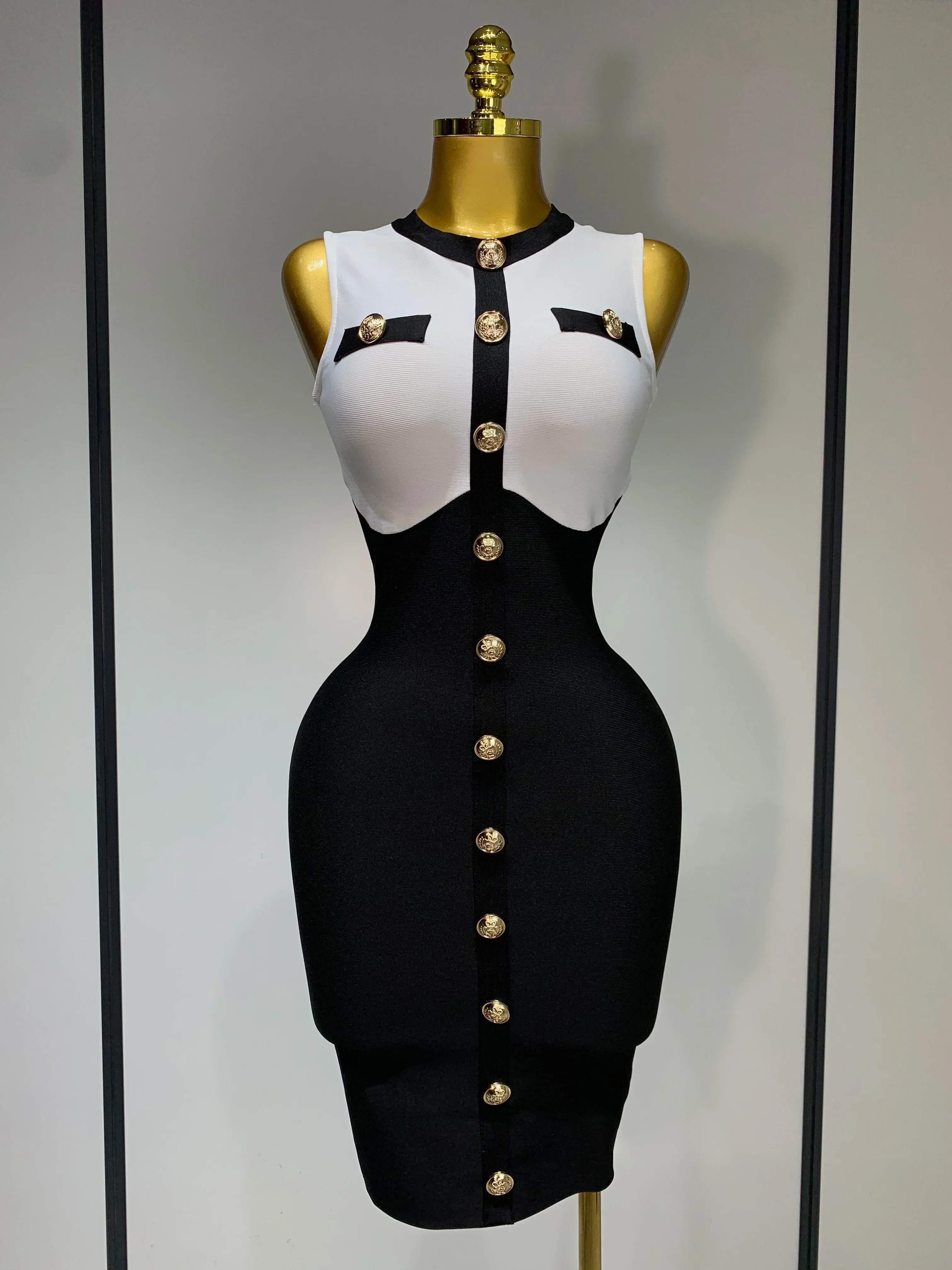 Fashionable Women Bandage Golden Buttons White Black Patchwork Sleeveless Bodycon Elegant Party Dresses