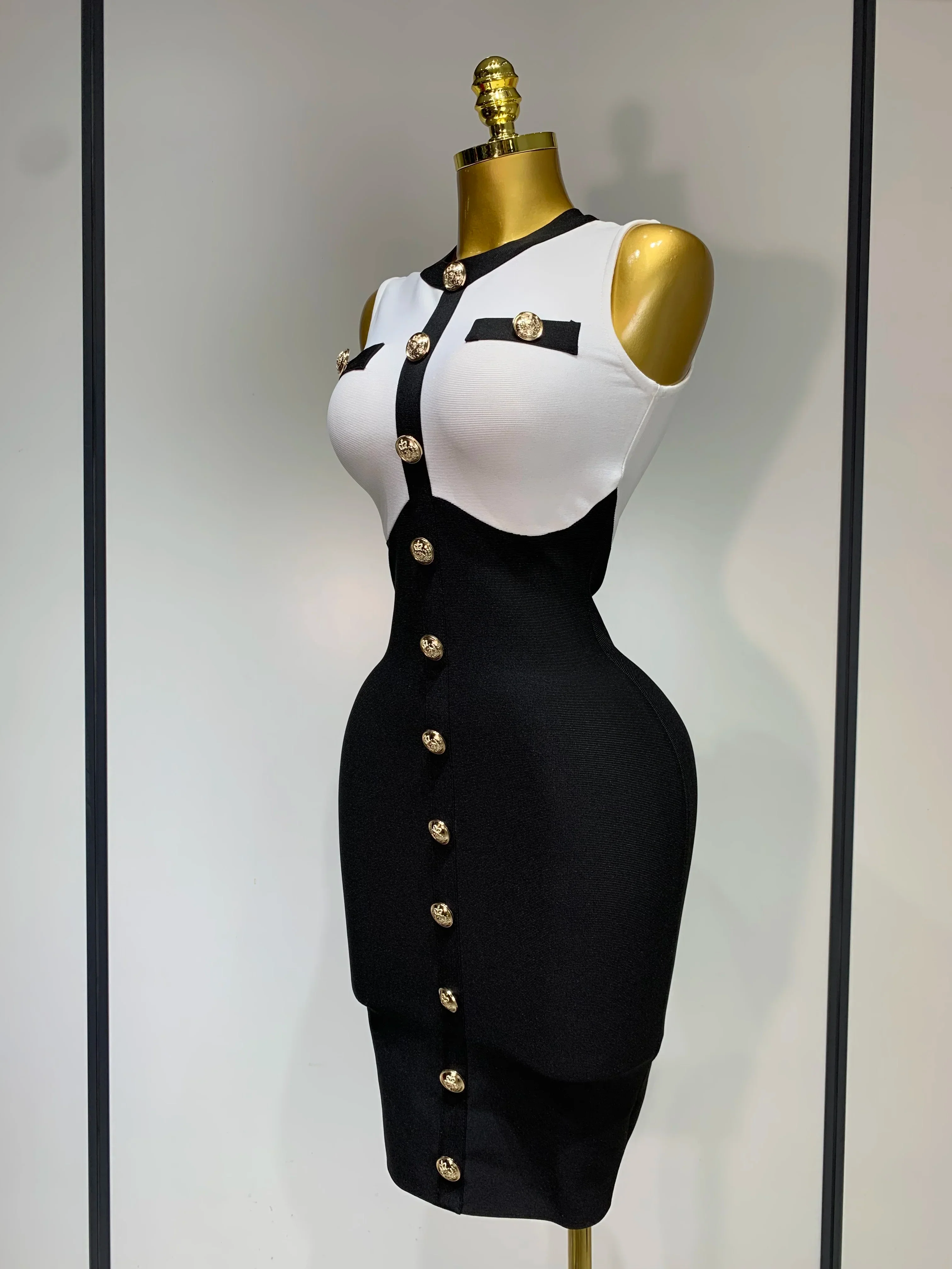 Fashionable Women Bandage Golden Buttons White Black Patchwork Sleeveless Bodycon Elegant Party Dresses - Image 2