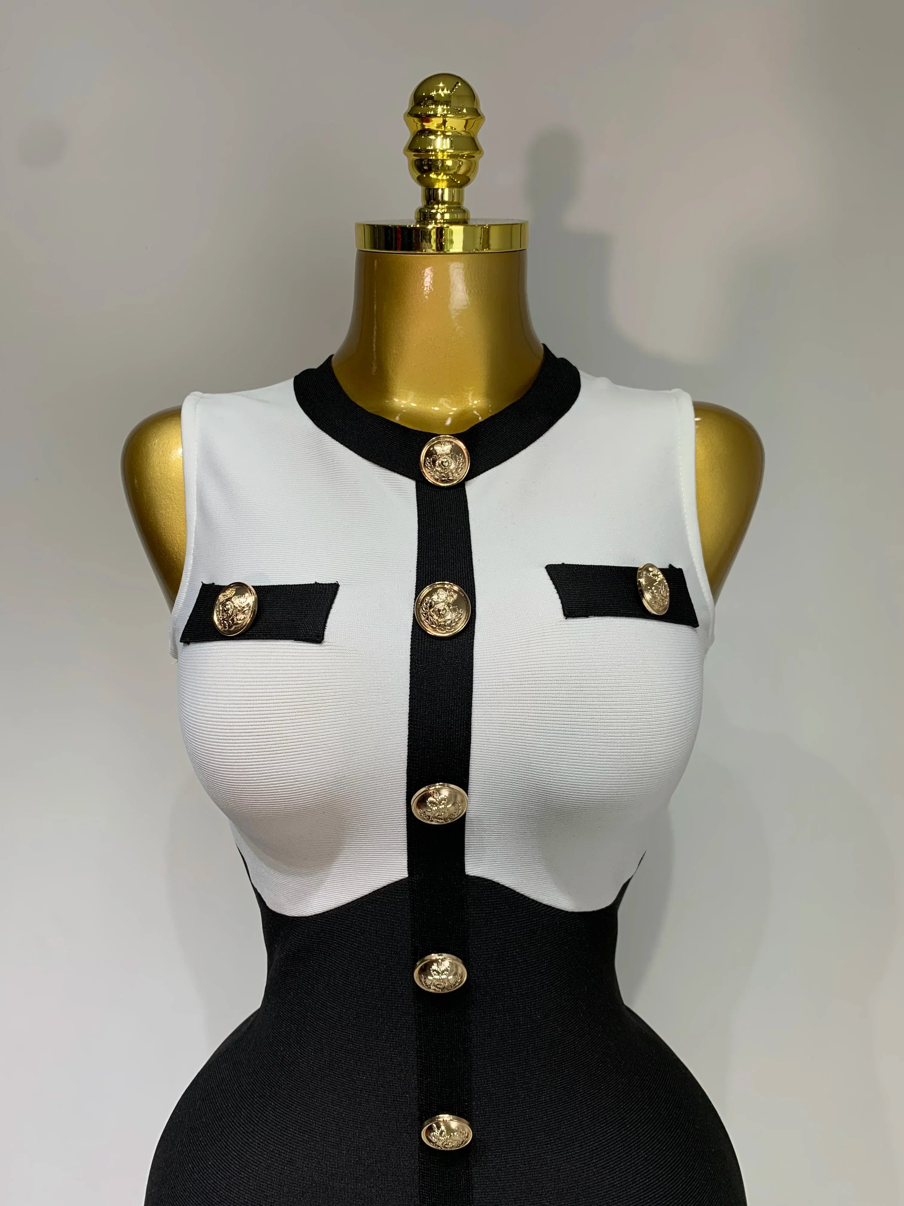 Fashionable Women Bandage Golden Buttons White Black Patchwork Sleeveless Bodycon Elegant Party Dresses - Image 5