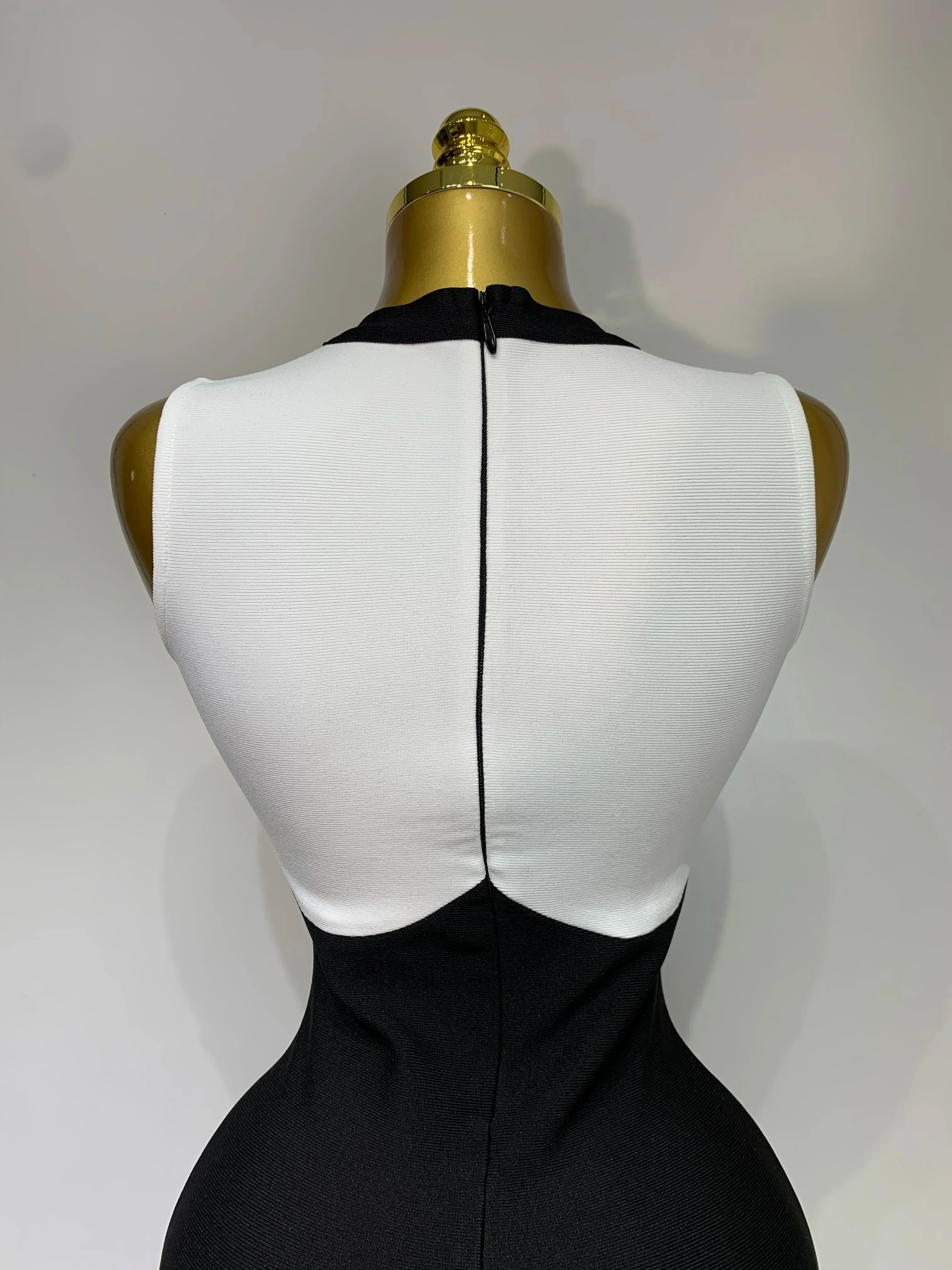 Fashionable Women Bandage Golden Buttons White Black Patchwork Sleeveless Bodycon Elegant Party Dresses - Image 6